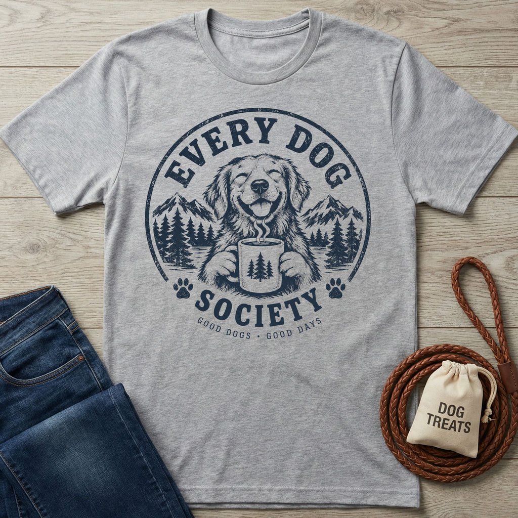Grey crewneck t-shirt featuring a navy Every Dog Society graphic of a happy dog holding a coffee mug in a mountain forest.