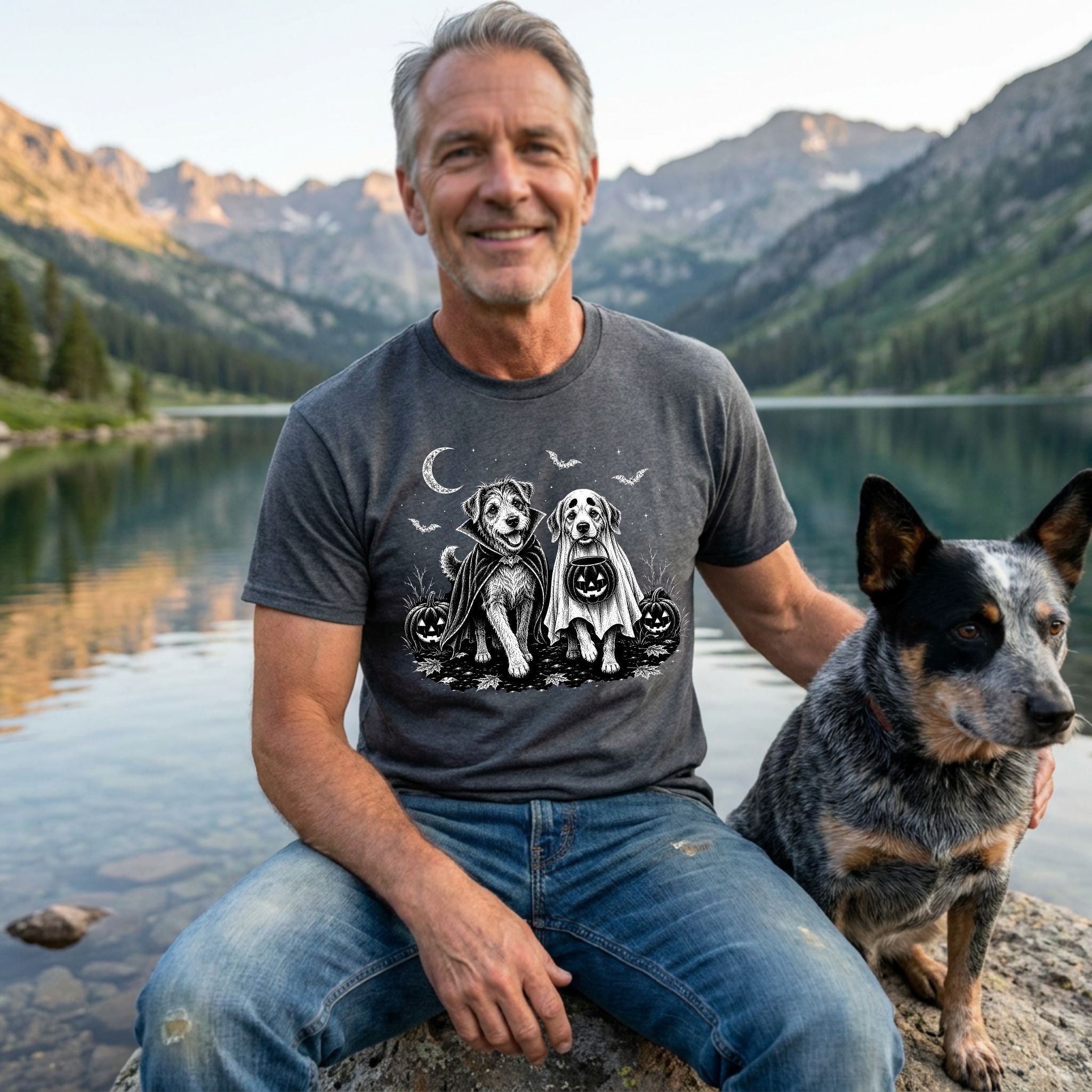 Man wearing a charcoal grey t-shirt featuring a graphic of two dogs in Halloween costumes with pumpkins and bats.