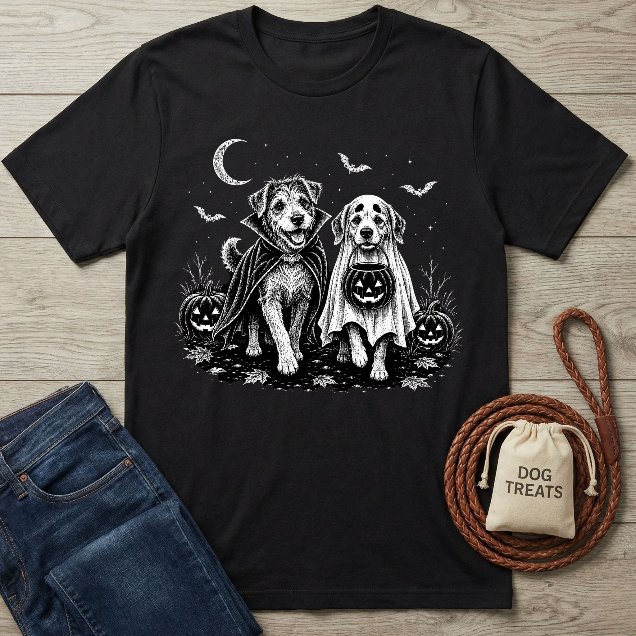 Black t-shirt featuring a white graphic of two dogs in Halloween costumes, a crescent moon, bats, and jack-o'-lanterns.