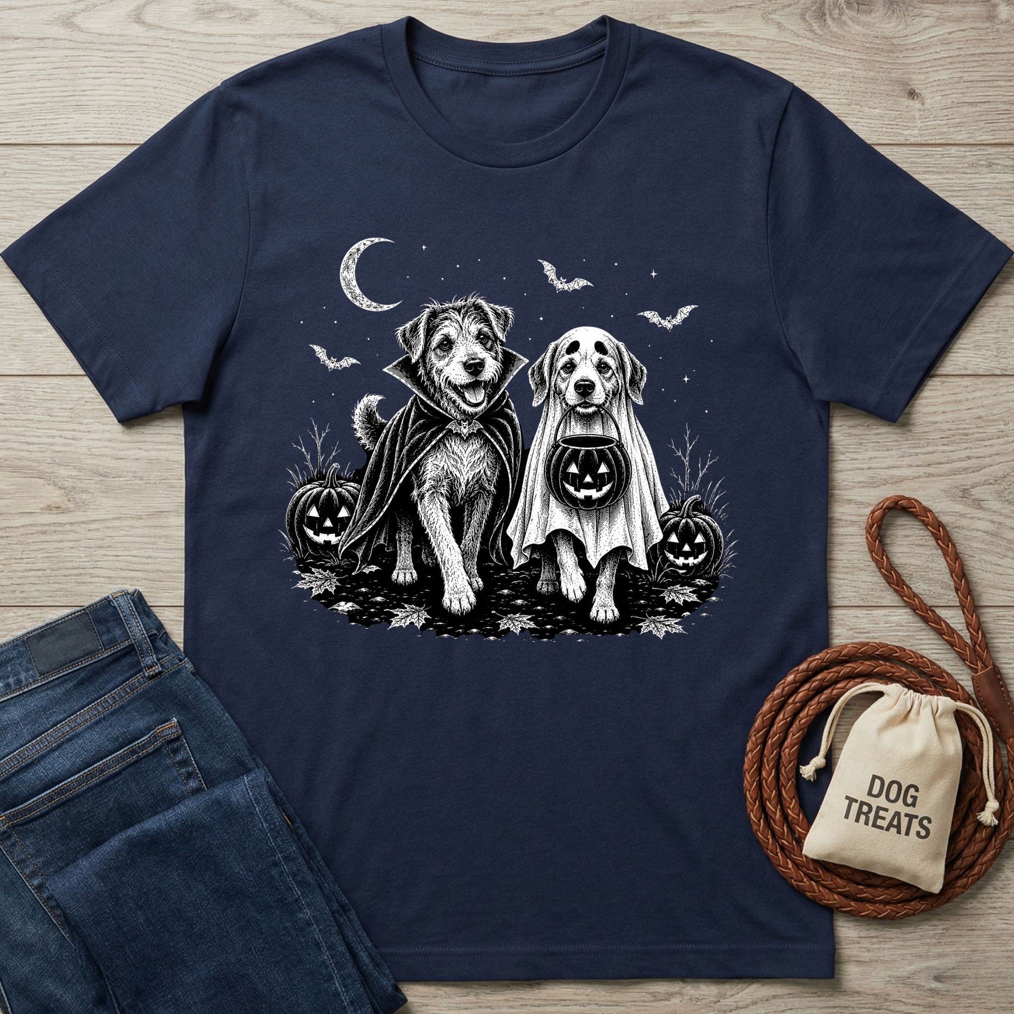 Navy blue t-shirt featuring two dogs in Halloween costumes, a vampire and a ghost, with pumpkins and bats under a crescent moon.