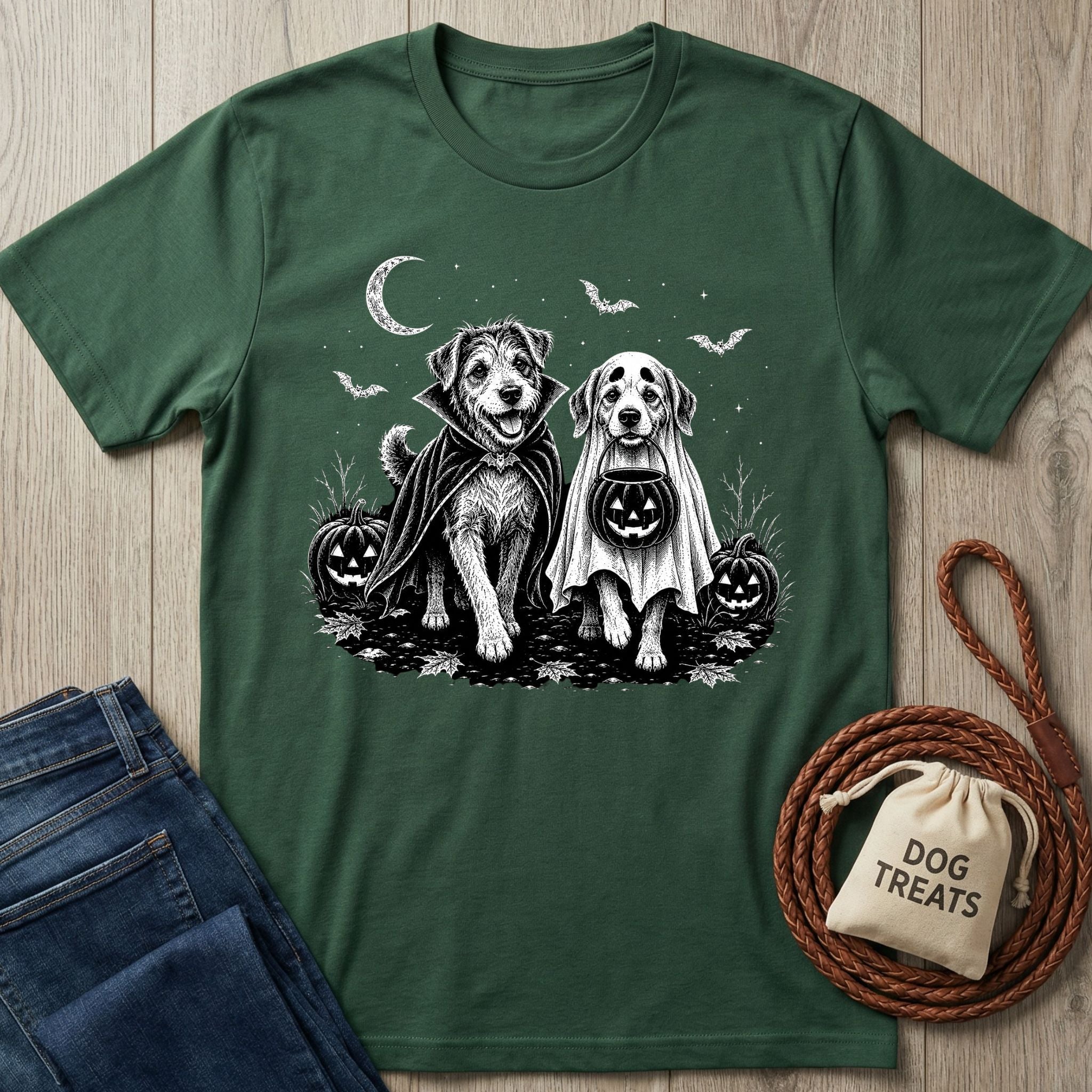 Forest green t-shirt featuring a black and white illustration of two dogs in Halloween costumes with pumpkins and bats.