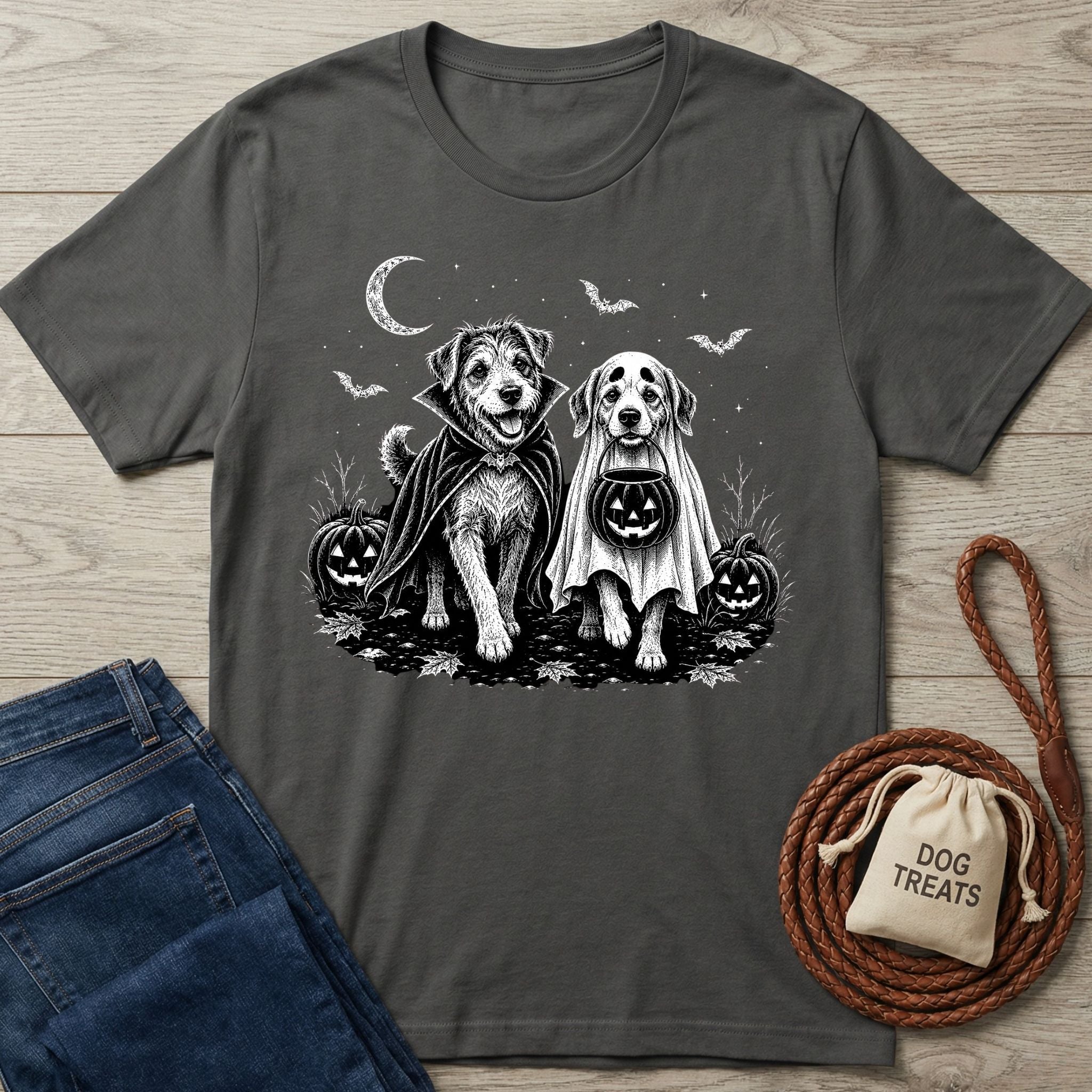 Charcoal gray t-shirt featuring a graphic of two dogs in Halloween costumes, a crescent moon, bats, and jack-o'-lanterns.