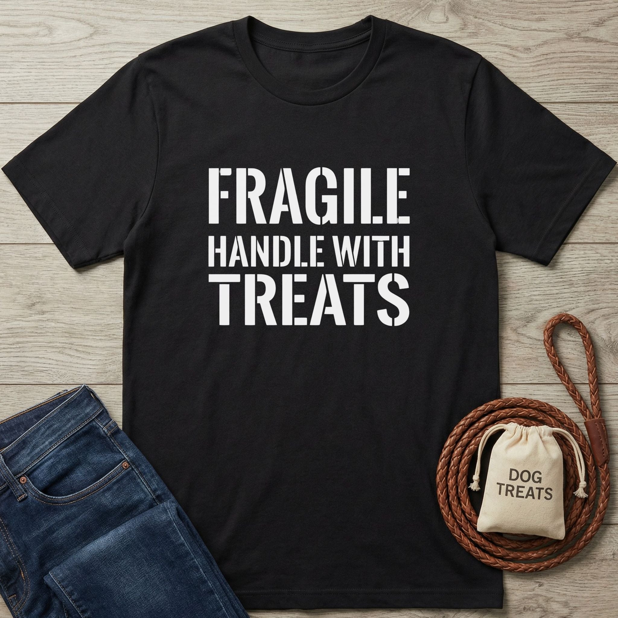 Black Gildan Softstyle® t-shirt with "FRAGILE HANDLE WITH TREATS" in white text, next to jeans and dog accessories.