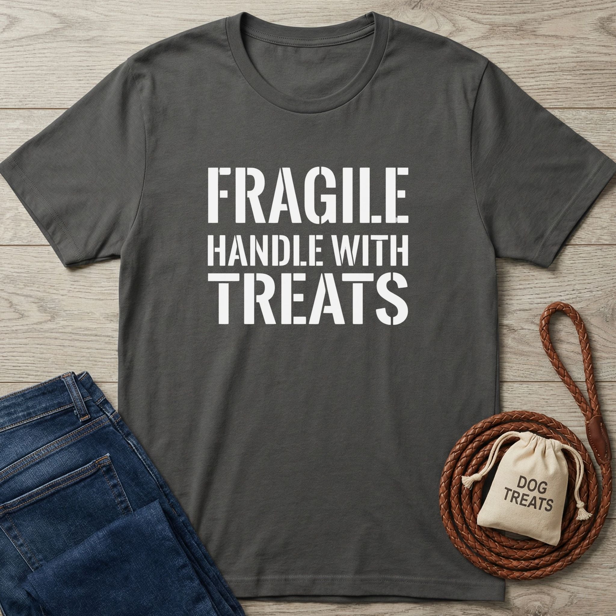 Dark grey Gildan Softstyle t-shirt with "FRAGILE HANDLE WITH TREATS" in white, next to jeans, a leash, and a treat bag.