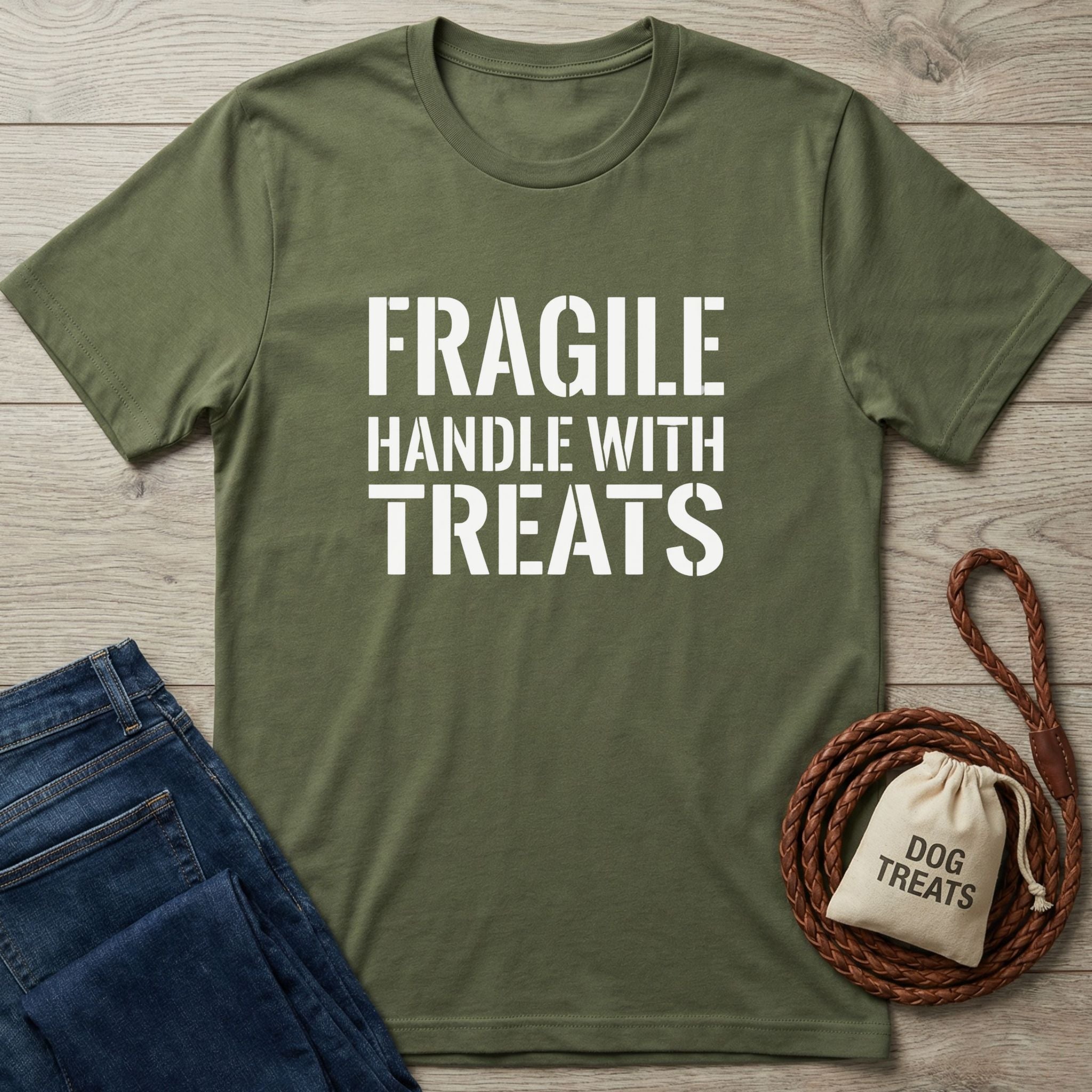 Olive green Gildan Softstyle® t-shirt with "FRAGILE HANDLE WITH TREATS" in white, next to jeans and dog accessories.