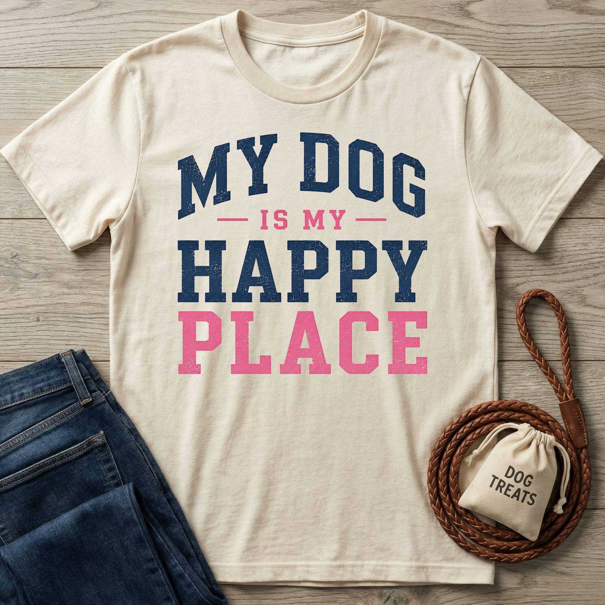 Cream-colored crew neck t-shirt featuring navy and pink distressed text reading My Dog Is My Happy Place on a wooden surface.