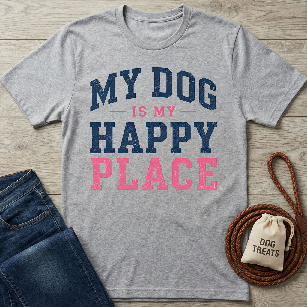 Grey crewneck t-shirt with navy and pink distressed text reading My Dog Is My Happy Place on a wooden background.