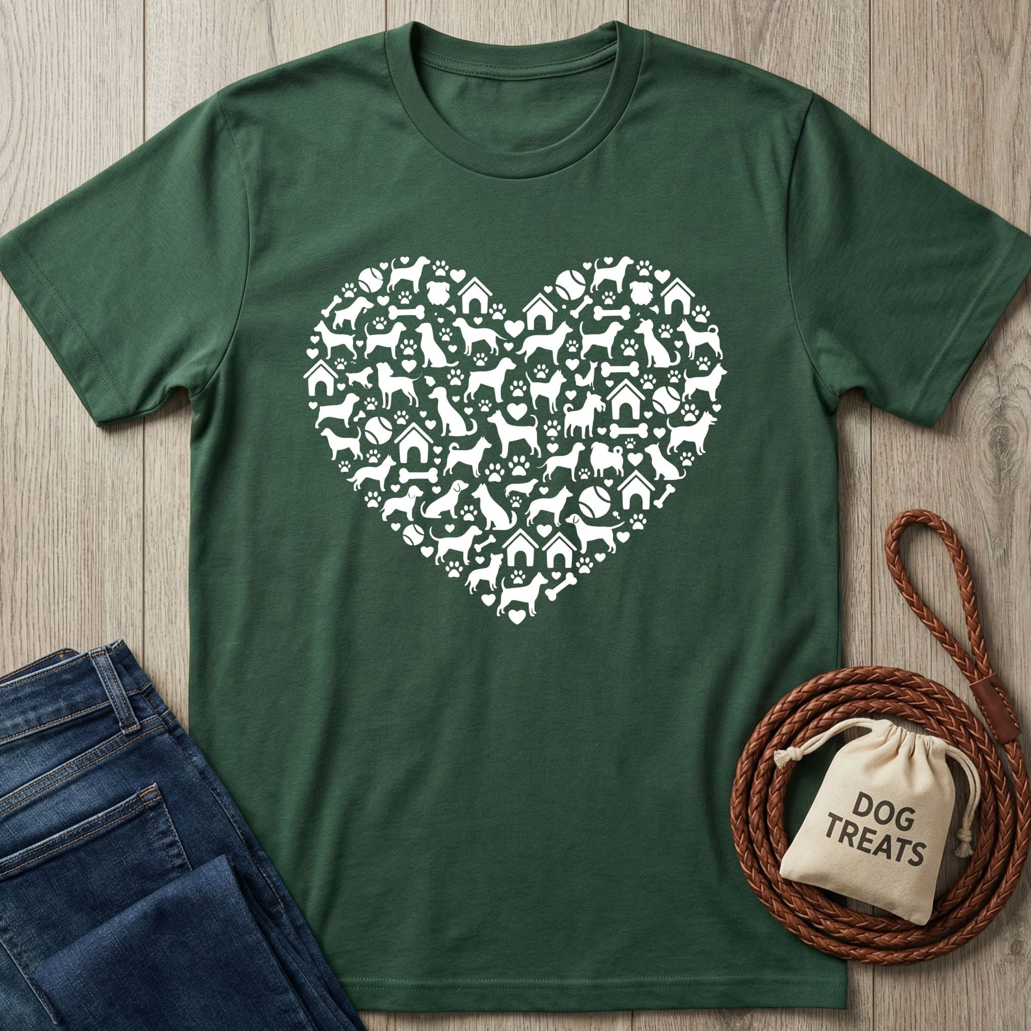 Dark green t-shirt with a white heart design made of dog silhouettes, paw prints, and dog houses.