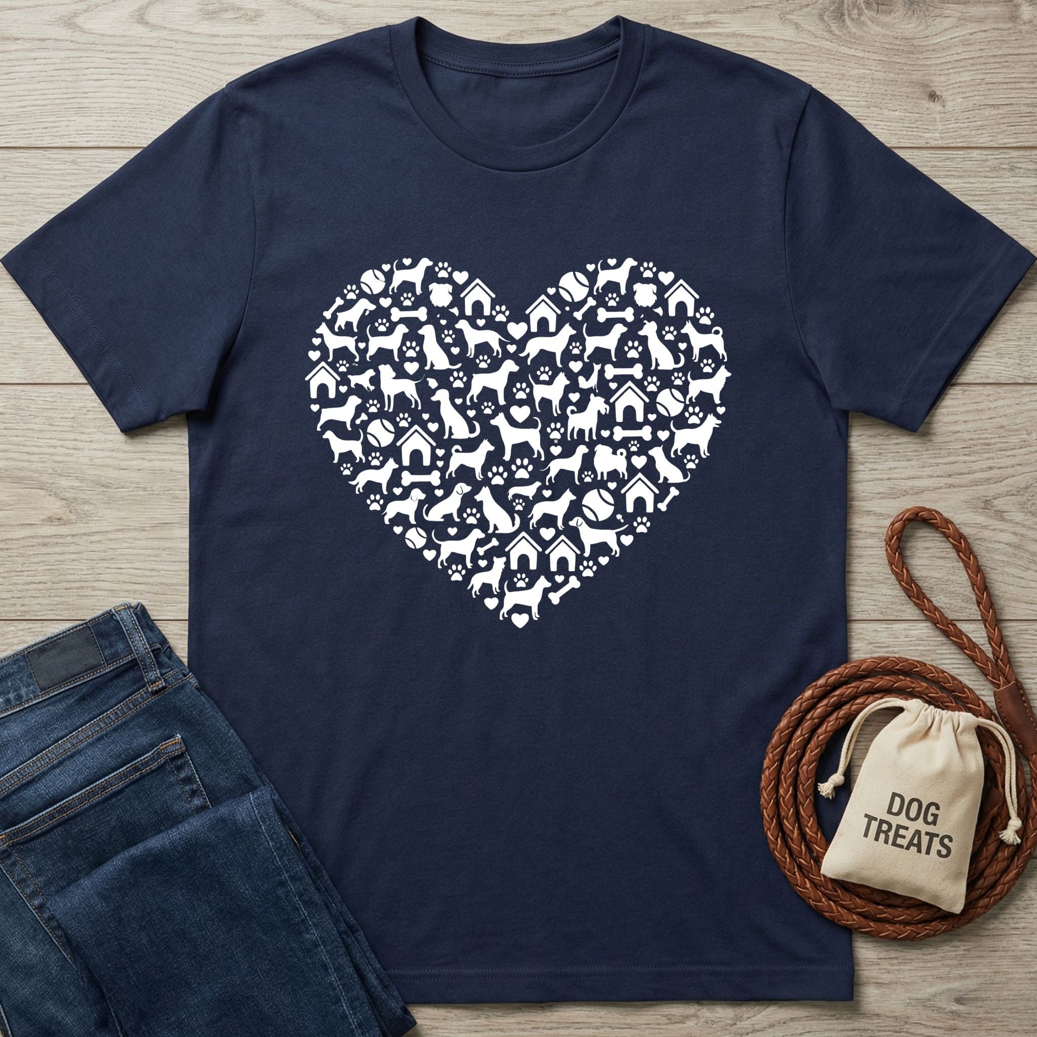 Navy blue t-shirt with a white heart design made of dog silhouettes, paw prints, and dog houses.
