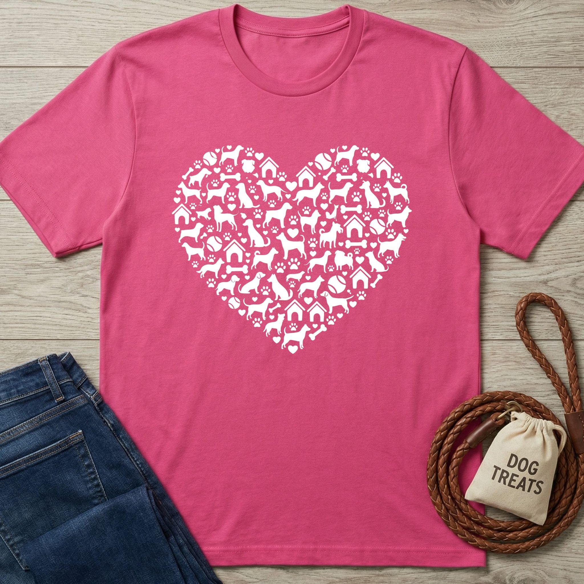 Pink t-shirt with a white heart design made of dog silhouettes, paw prints, and dog houses.
