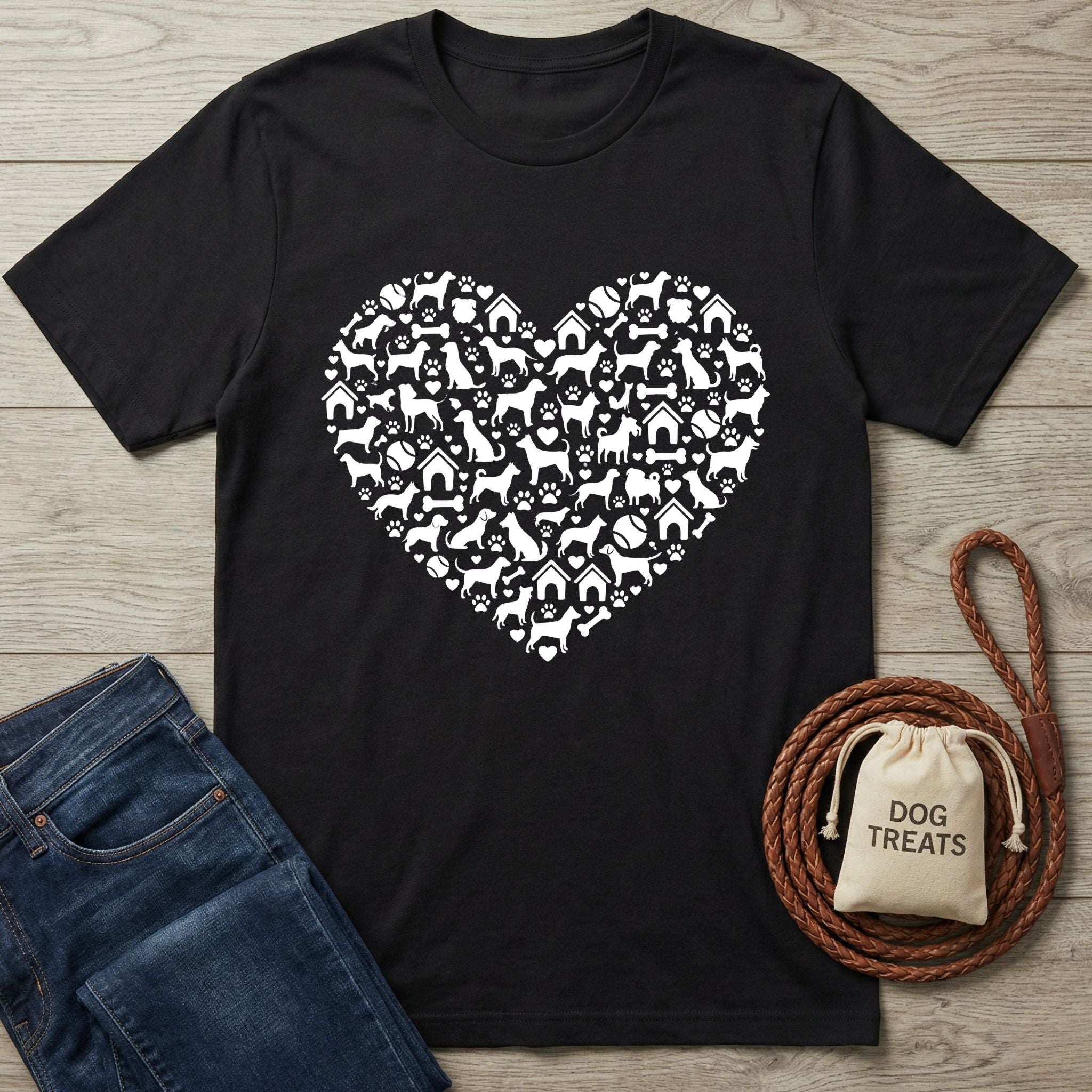 Black t-shirt with a white heart design made of dog silhouettes, paw prints, and dog houses.