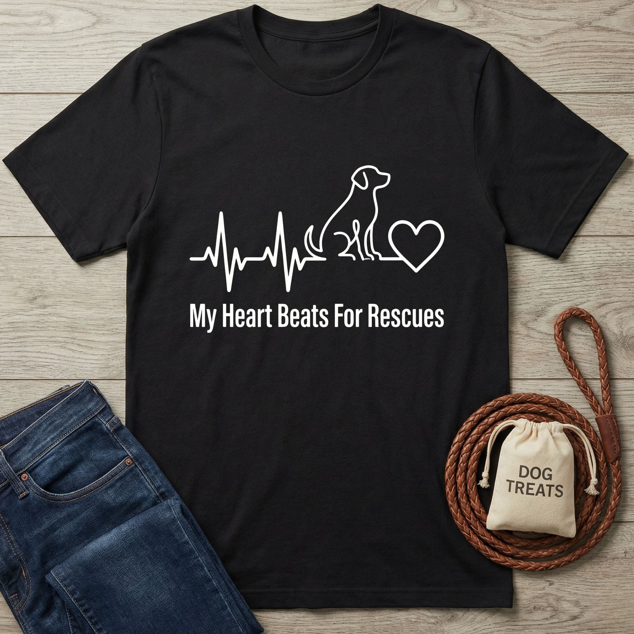 Black Gildan Softstyle t-shirt with "My Heart Beats For Rescues" graphic, dog, and heartbeat line.