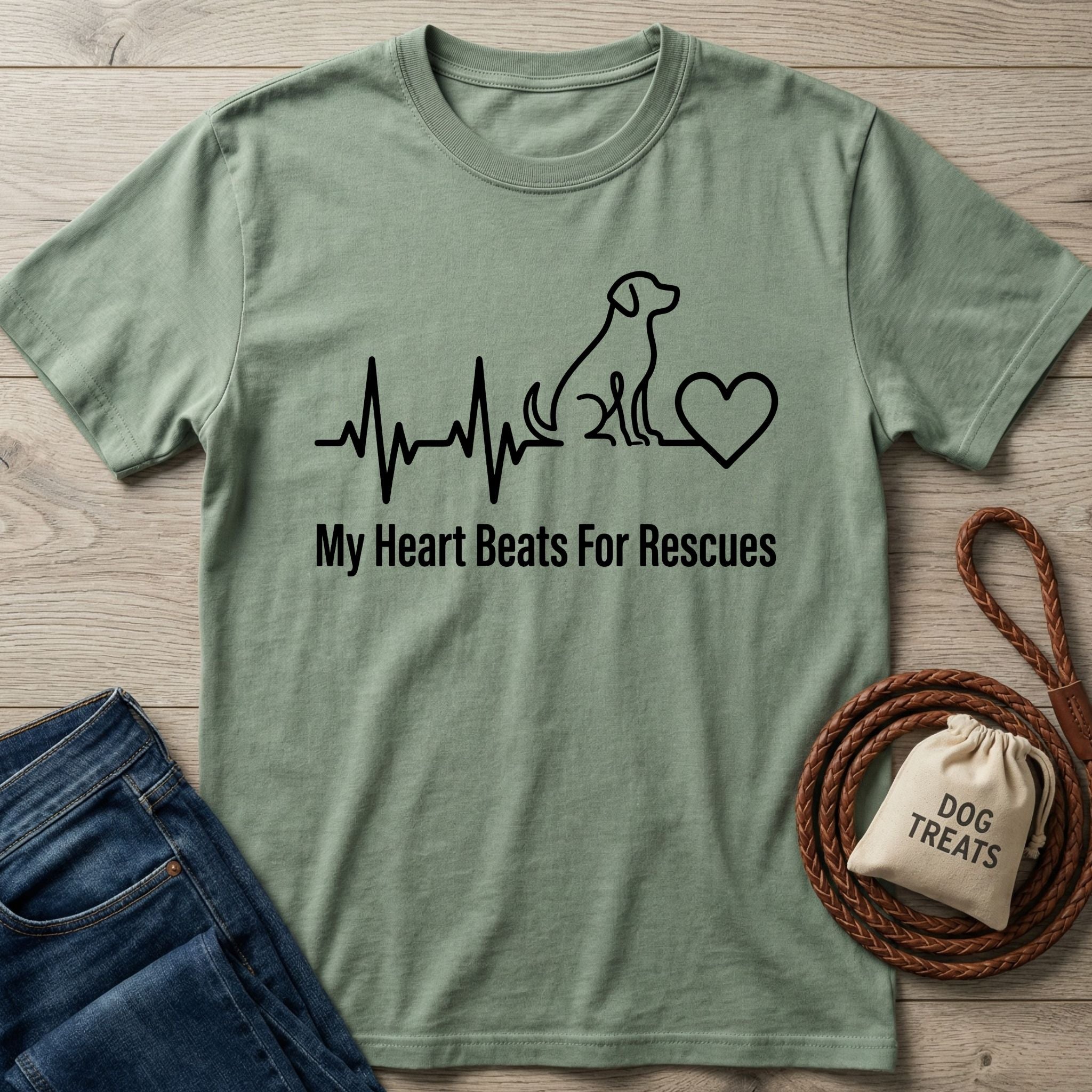 Sage green Gildan Softstyle t-shirt with "My Heart Beats For Rescues" dog heartbeat graphic.