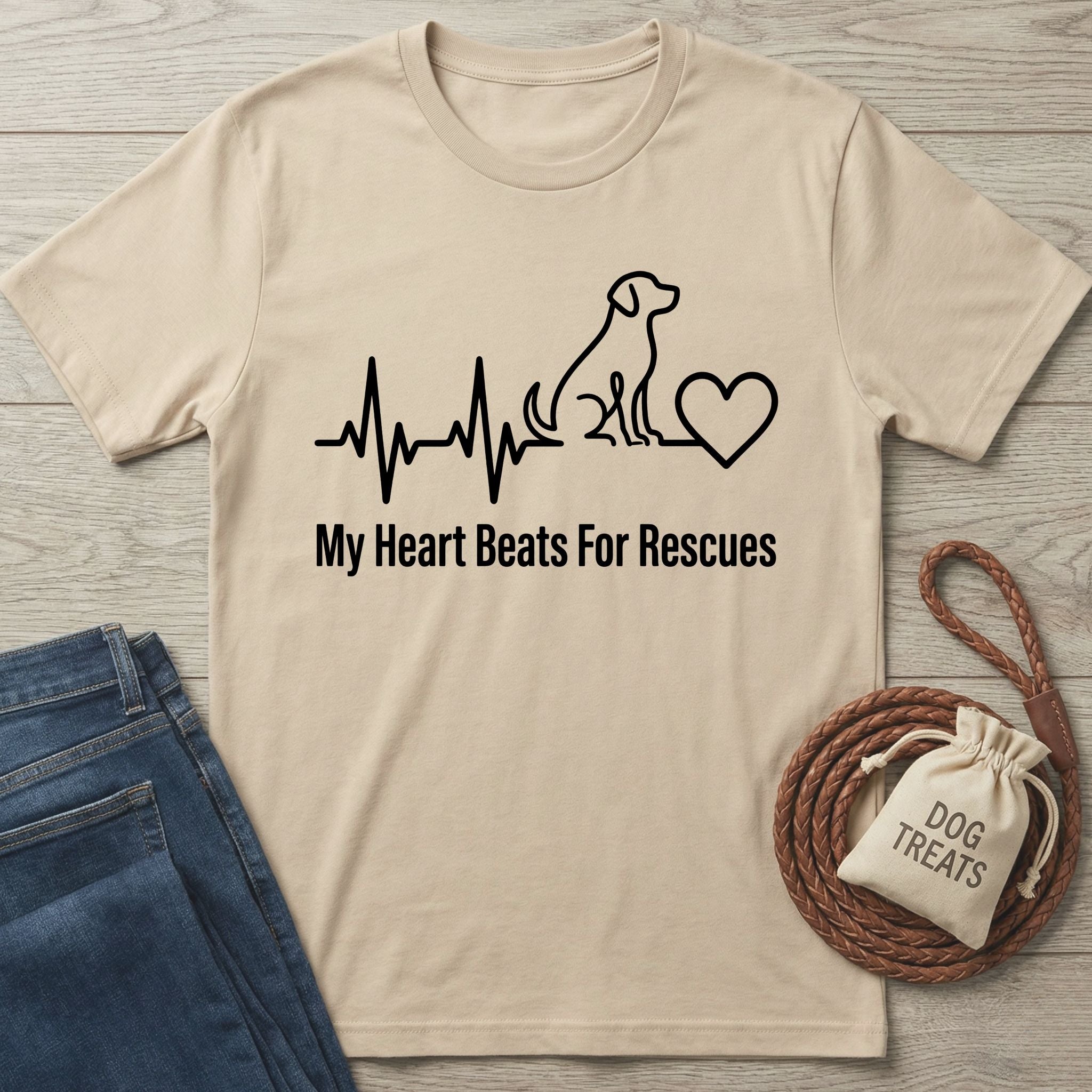 Tan Gildan Softstyle® 64000 t-shirt with "My Heart Beats For Rescues" graphic, dog, and heartbeat line.