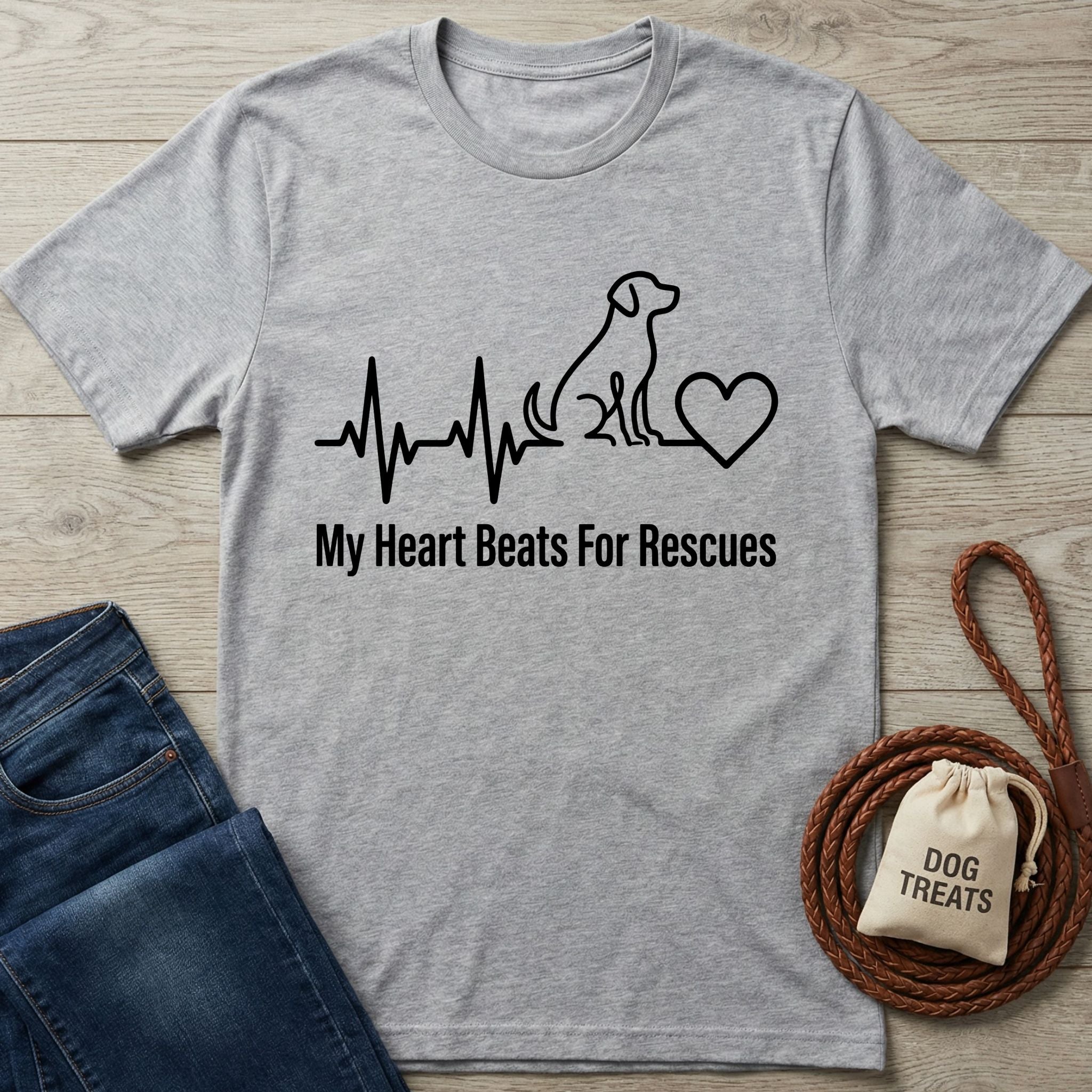 Light grey Gildan Softstyle® 64000 tee with "My Heart Beats For Rescues" graphic, dog, and heartbeat line.