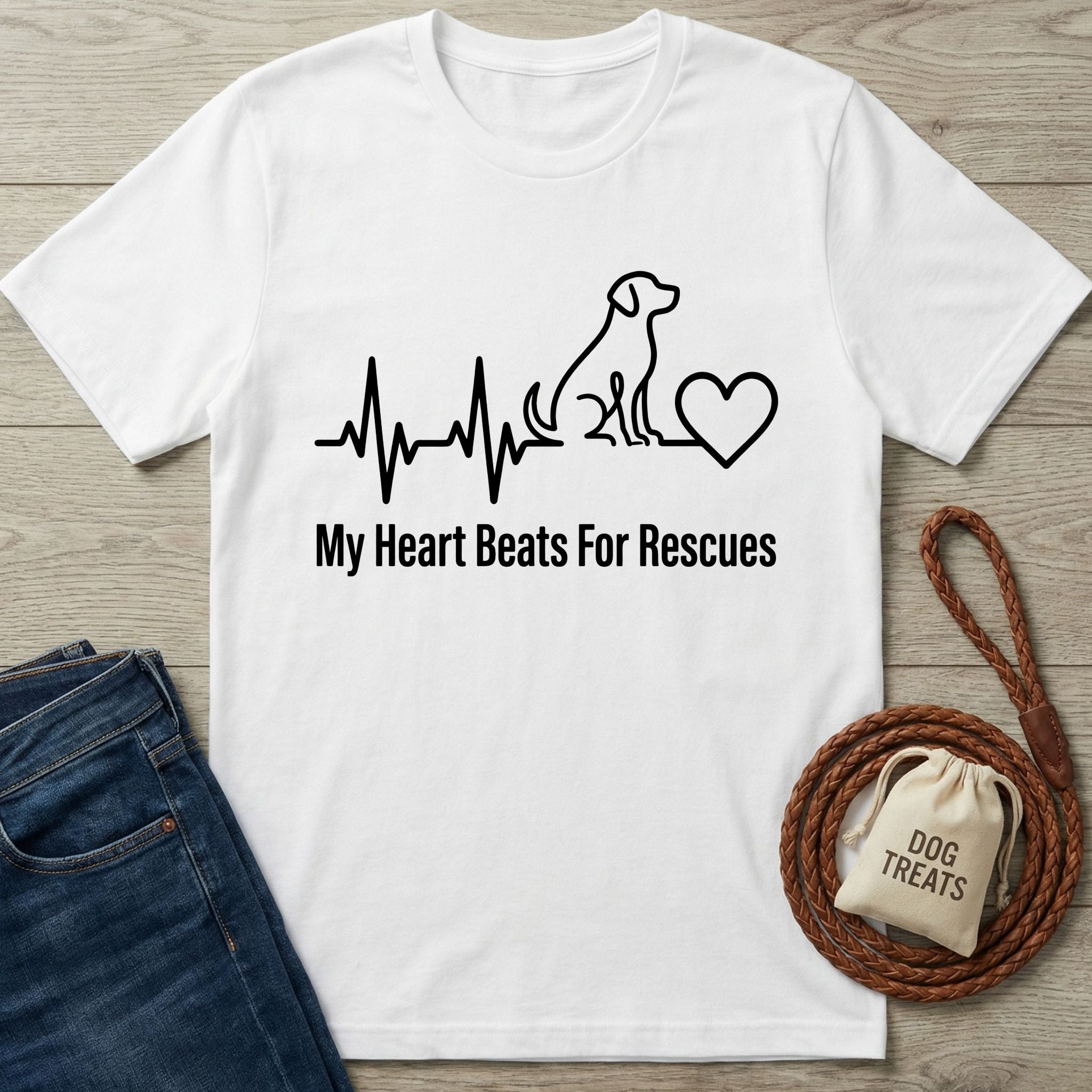 White Gildan Softstyle® 64000 tee with "My Heart Beats For Rescues" graphic, dog, and heartbeat line.