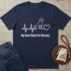 Navy blue Gildan Softstyle t-shirt with "My Heart Beats For Rescues" text and dog heartbeat graphic.