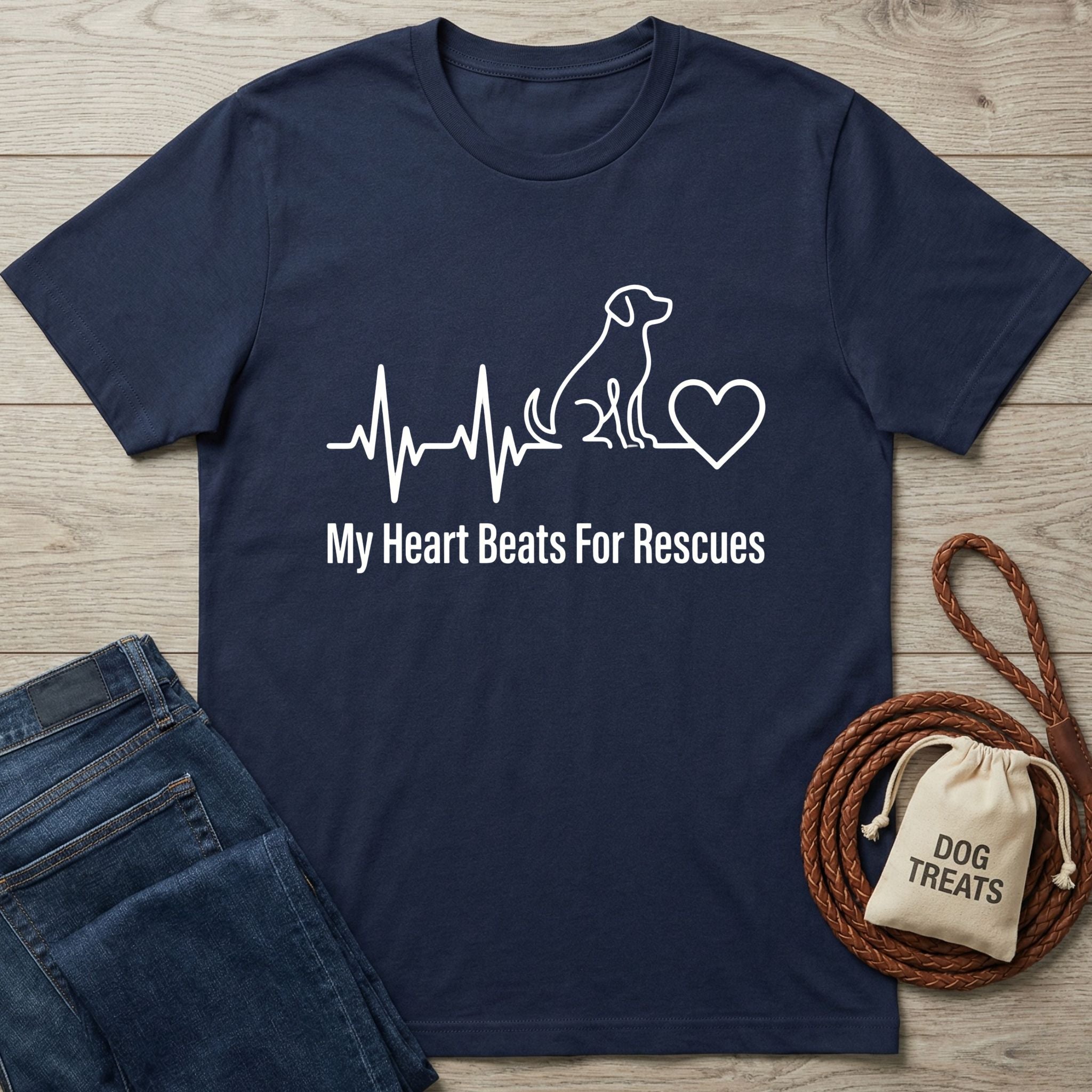 Navy blue Gildan Softstyle t-shirt with "My Heart Beats For Rescues" text and dog heartbeat graphic.