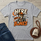 Grey crewneck t-shirt featuring a cool skeleton dog graphic with sunglasses, a cap, and rock horns hand gesture.