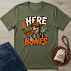 Olive green crewneck t-shirt featuring a rockstar dog in a skeleton costume, sunglasses, and cap with Here For The Bones text.