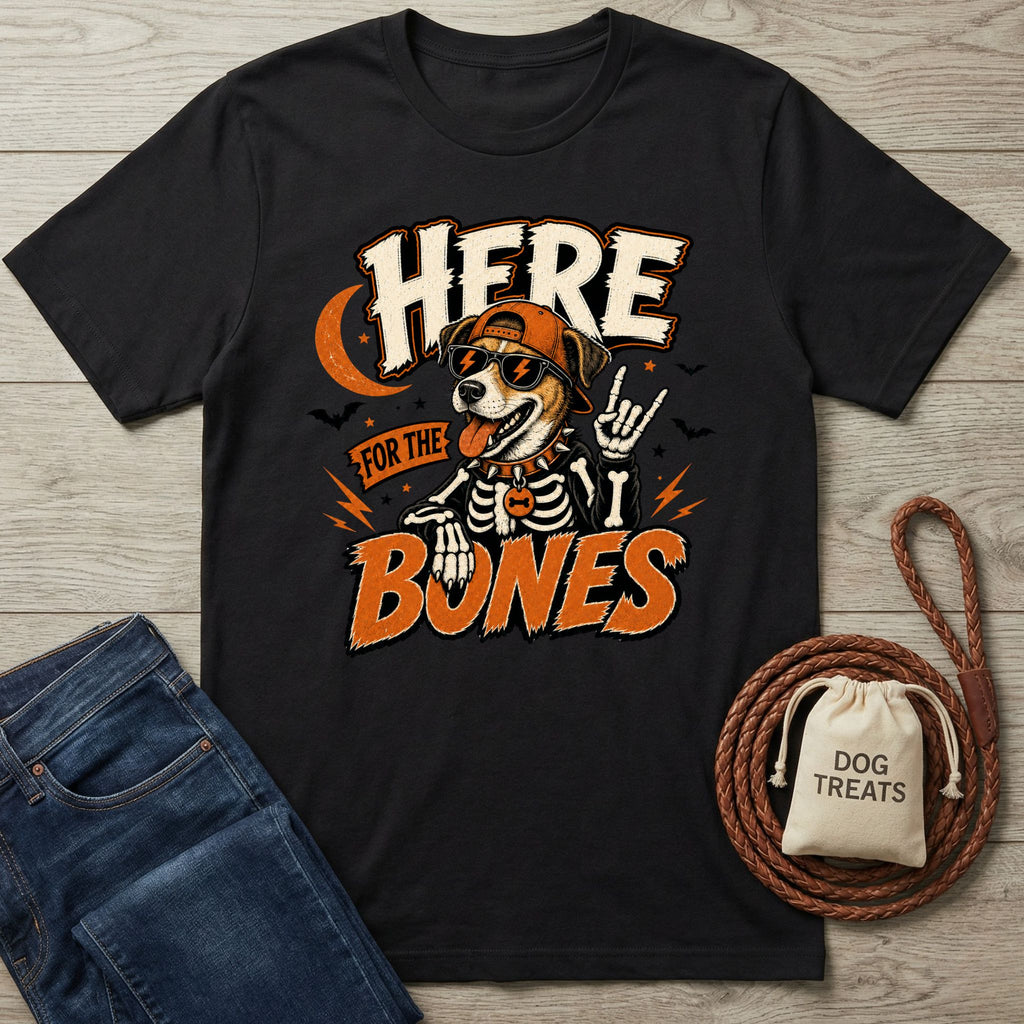 Black cotton t-shirt featuring a cool dog in a skeleton costume, sunglasses, and cap with the text Here For The Bones.