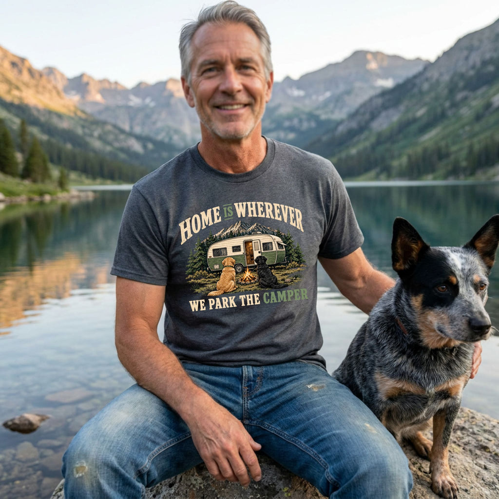 Man wearing a charcoal grey t-shirt with a vintage camper, campfire, and dog graphic by a mountain lake with his dog.