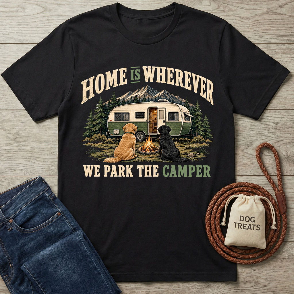 Black cotton t-shirt featuring a vintage camper, campfire, and two dogs with the text Home Is Wherever We Park The Camper.