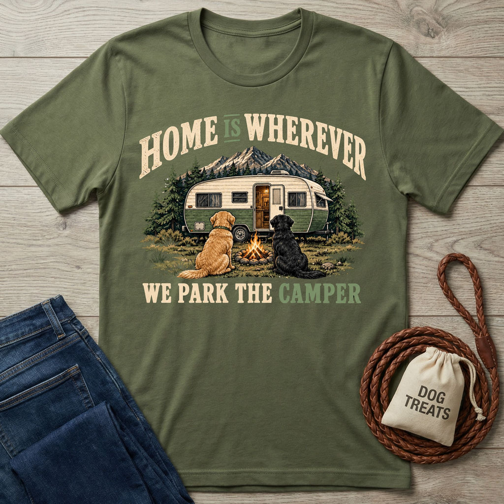Olive green crewneck t-shirt featuring a vintage camper, campfire, and two dogs with the text Home Is Wherever We Park The Camper.