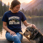 Navy blue vintage-style graphic T-shirt featuring a sleeping dog under a blanket with Homebody Dog Club text.