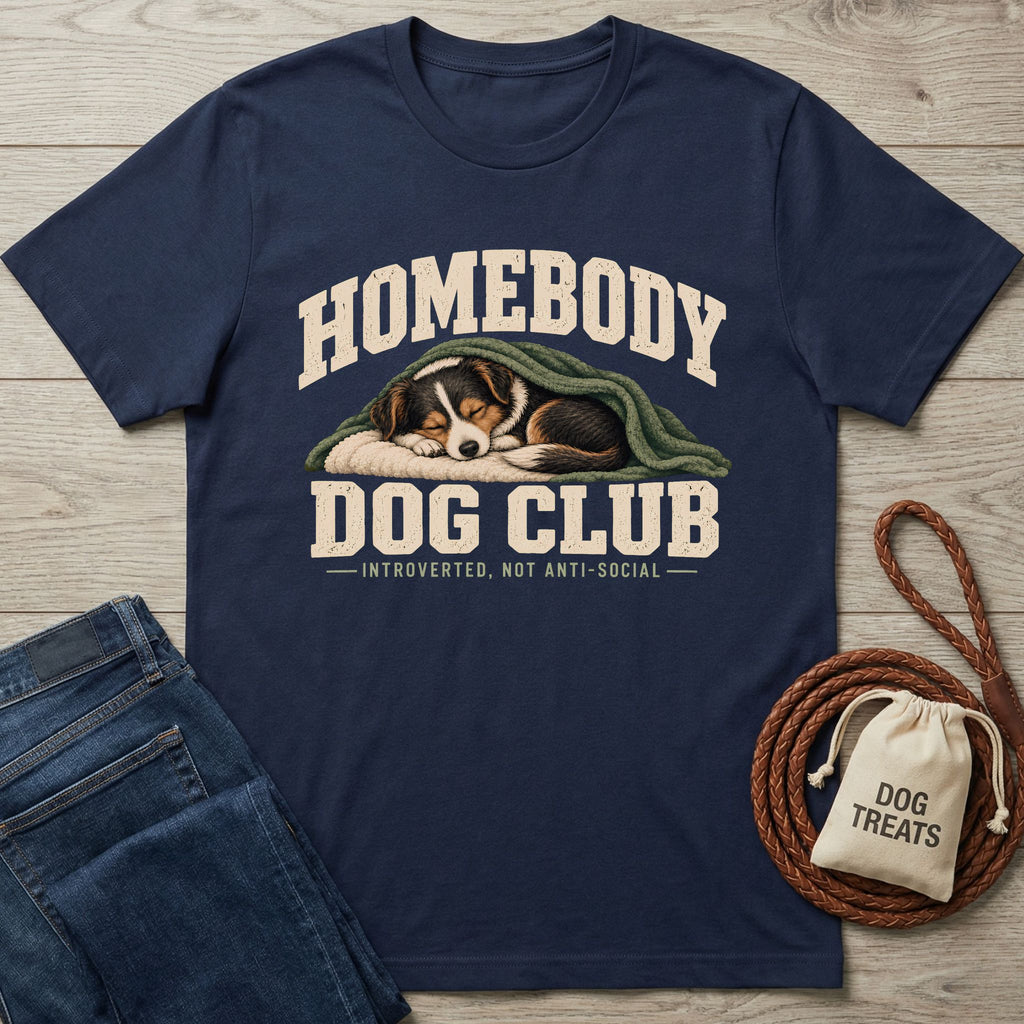 Navy blue graphic t-shirt featuring a sleeping dog under a blanket with Homebody Dog Club text on a wooden background.
