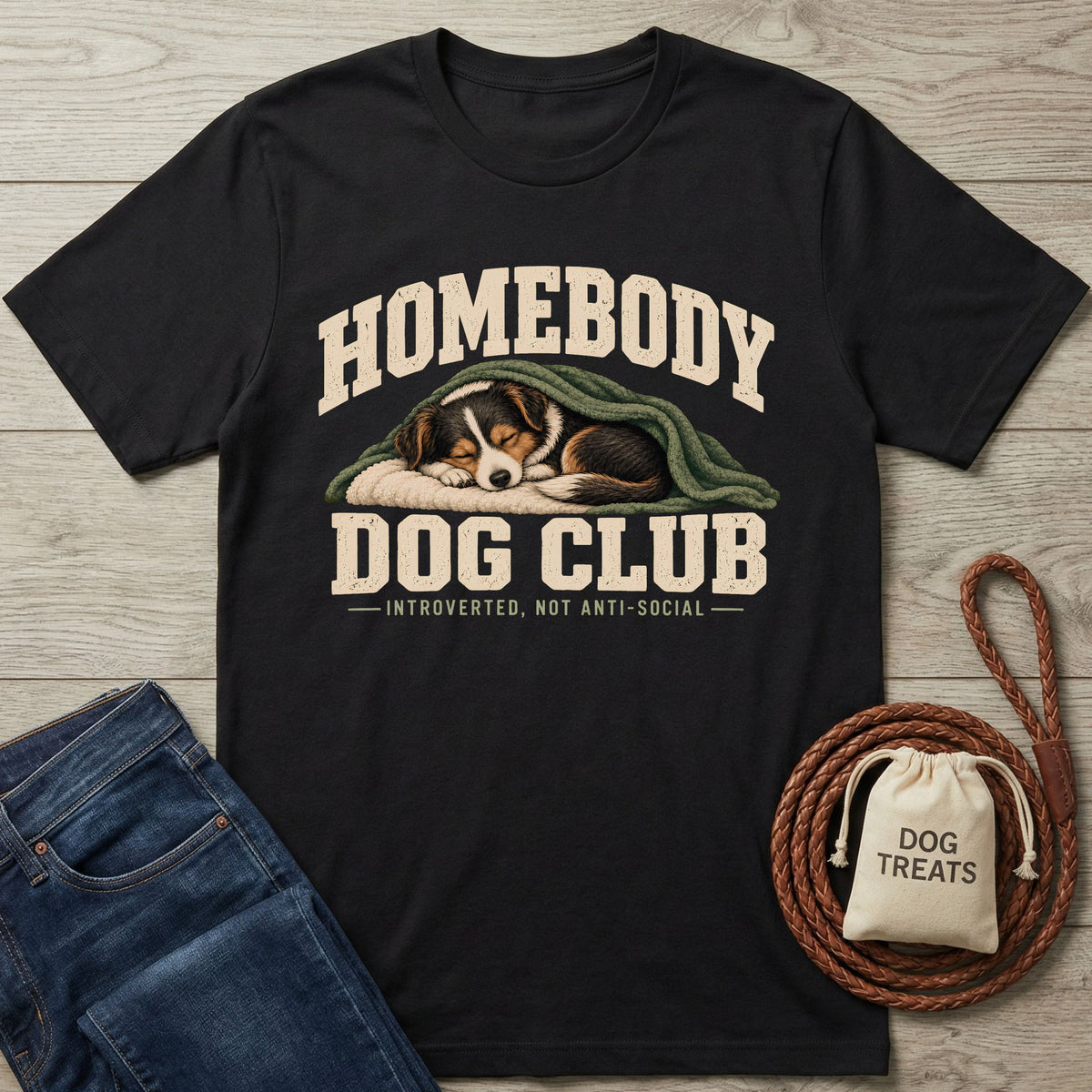 Black vintage-style graphic tee featuring a sleeping dog under a blanket with Homebody Dog Club text.