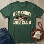 Forest green crewneck T-shirt featuring a vintage graphic of a dog sleeping under a blanket with Homebody Dog Club text.
