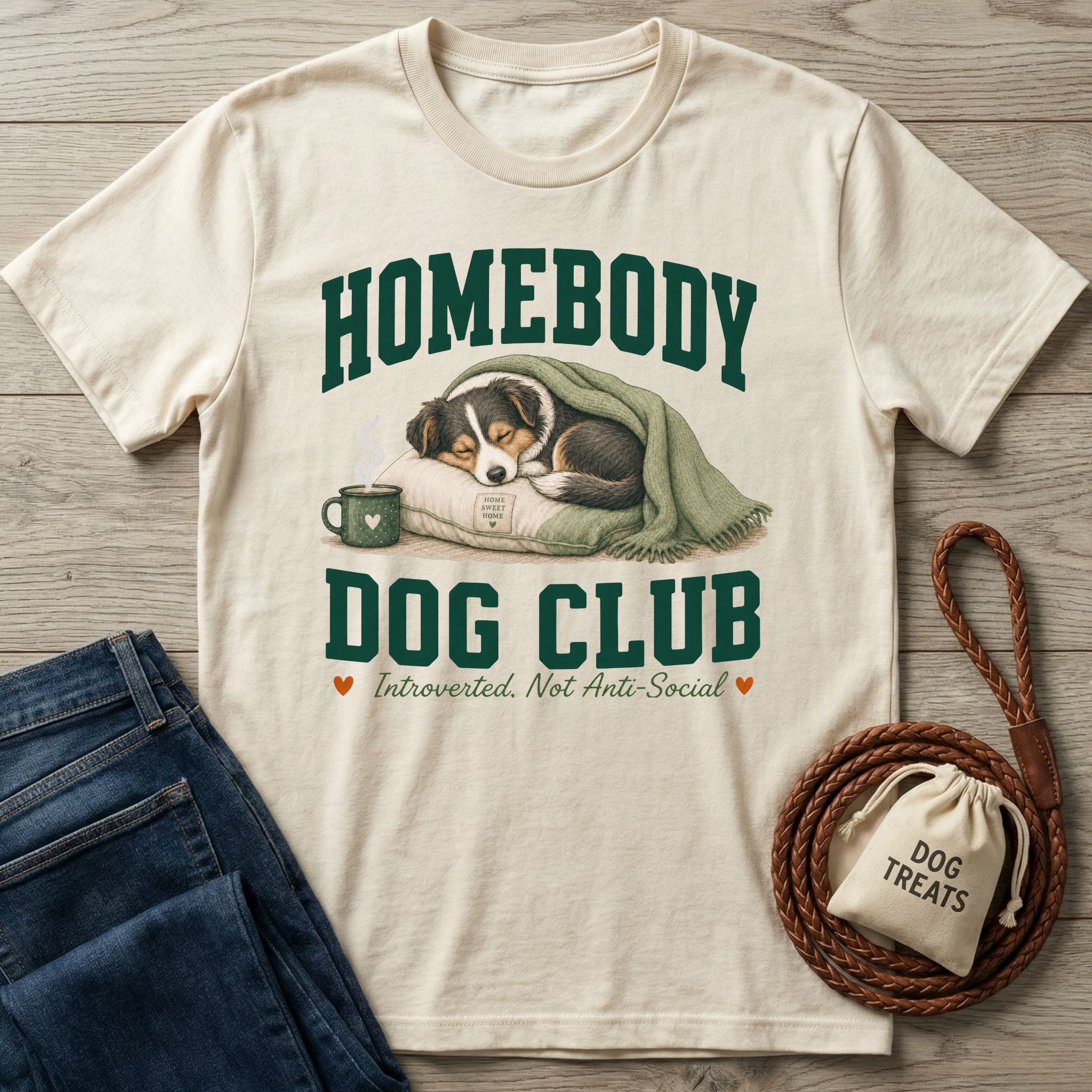 Cream-colored crewneck t-shirt featuring a sleeping puppy illustration, green collegiate-style text, and a cozy homebody theme.