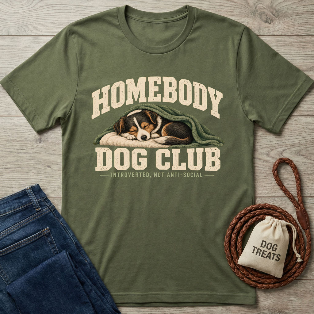 Olive green cotton t-shirt featuring a sleeping dog graphic with Homebody Dog Club text, laid on a wooden surface.