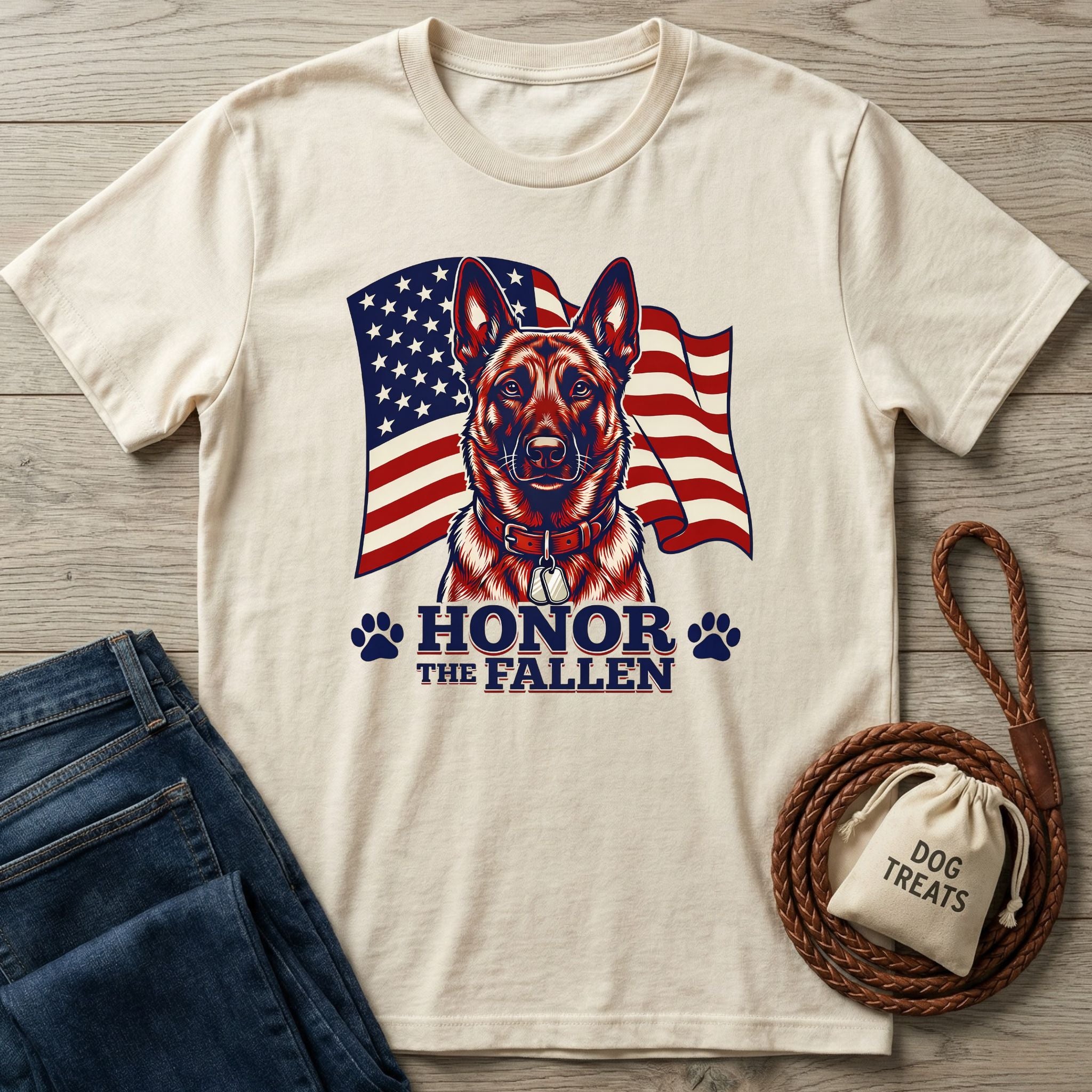 Cream Gildan Softstyle t-shirt with a German Shepherd, American flag, and "Honor The Fallen" text.
