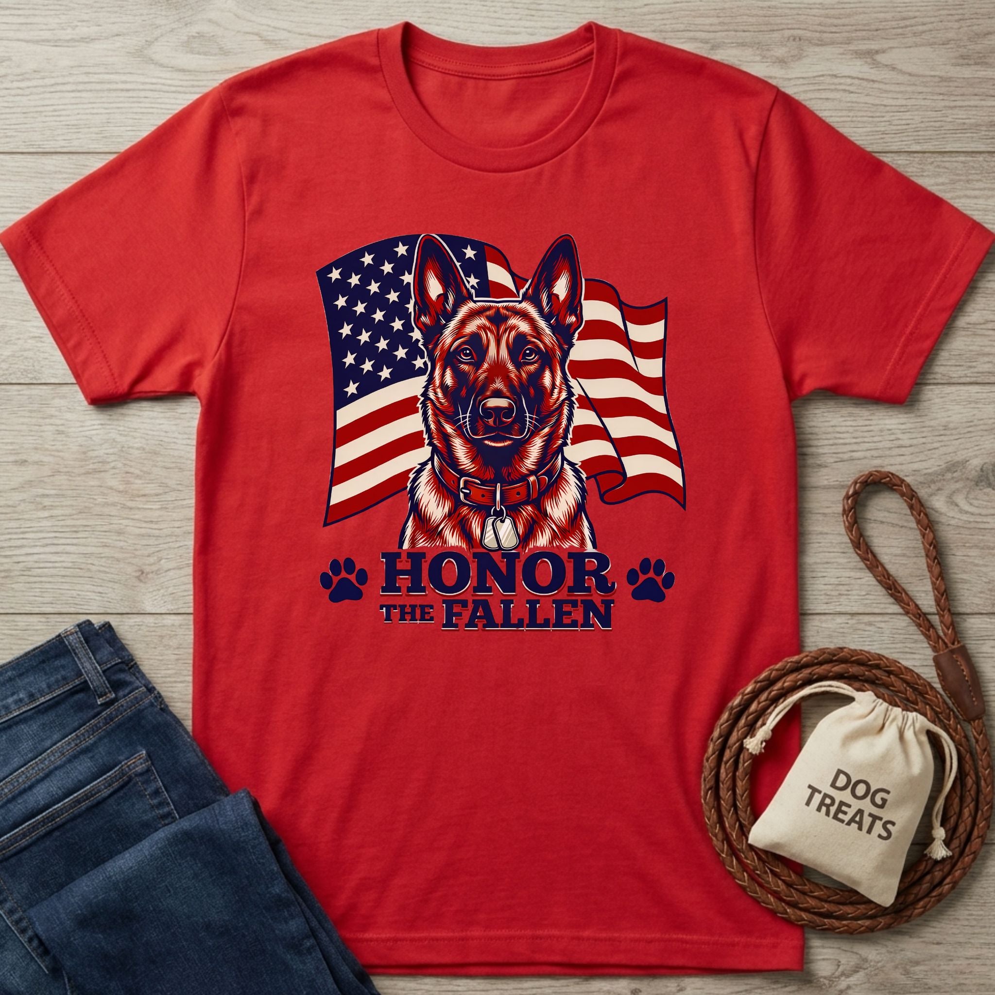 Red Gildan Softstyle® 64000 t-shirt with a German Shepherd, American flag, and "Honor The Fallen" design.