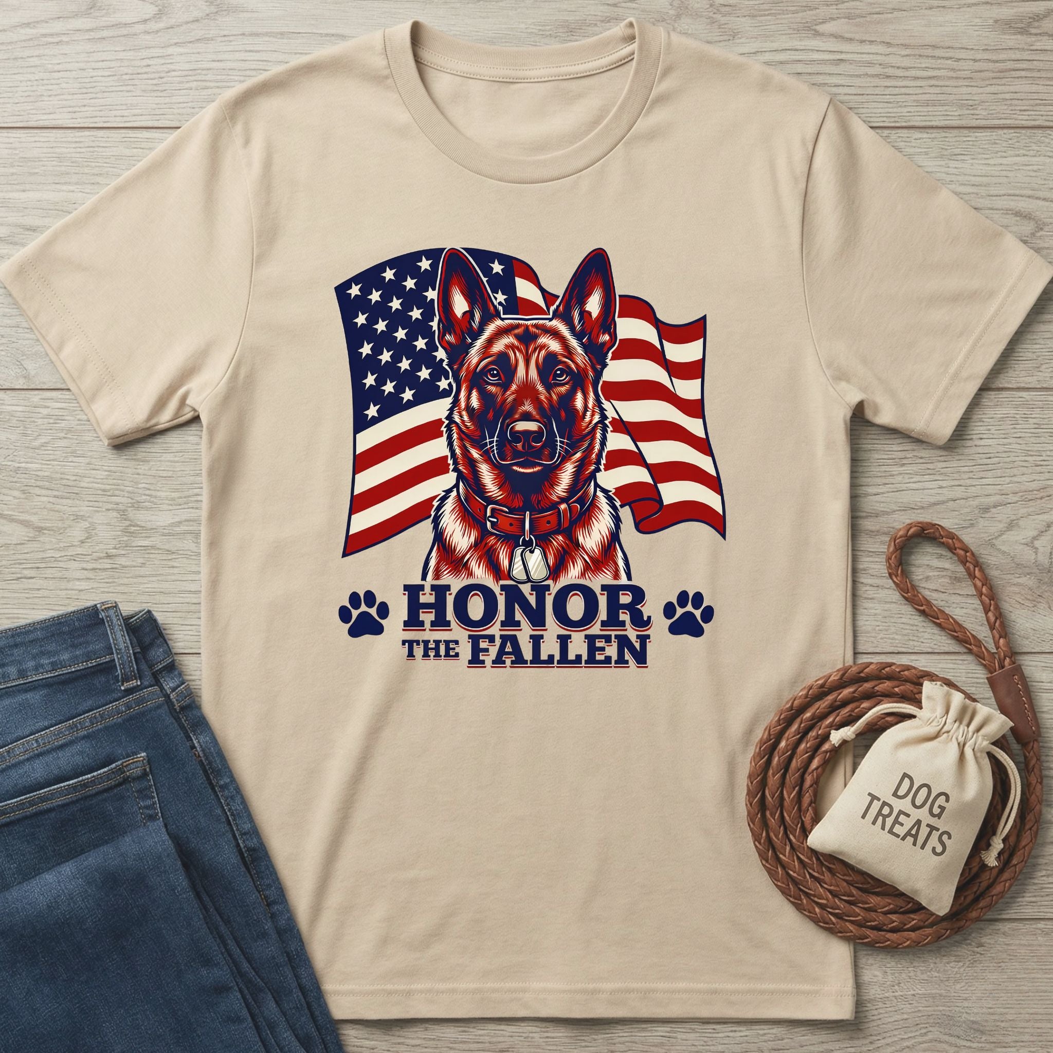 Beige Gildan Softstyle t-shirt with a German Shepherd, American flag, "Honor The Fallen" text, and paw prints.
