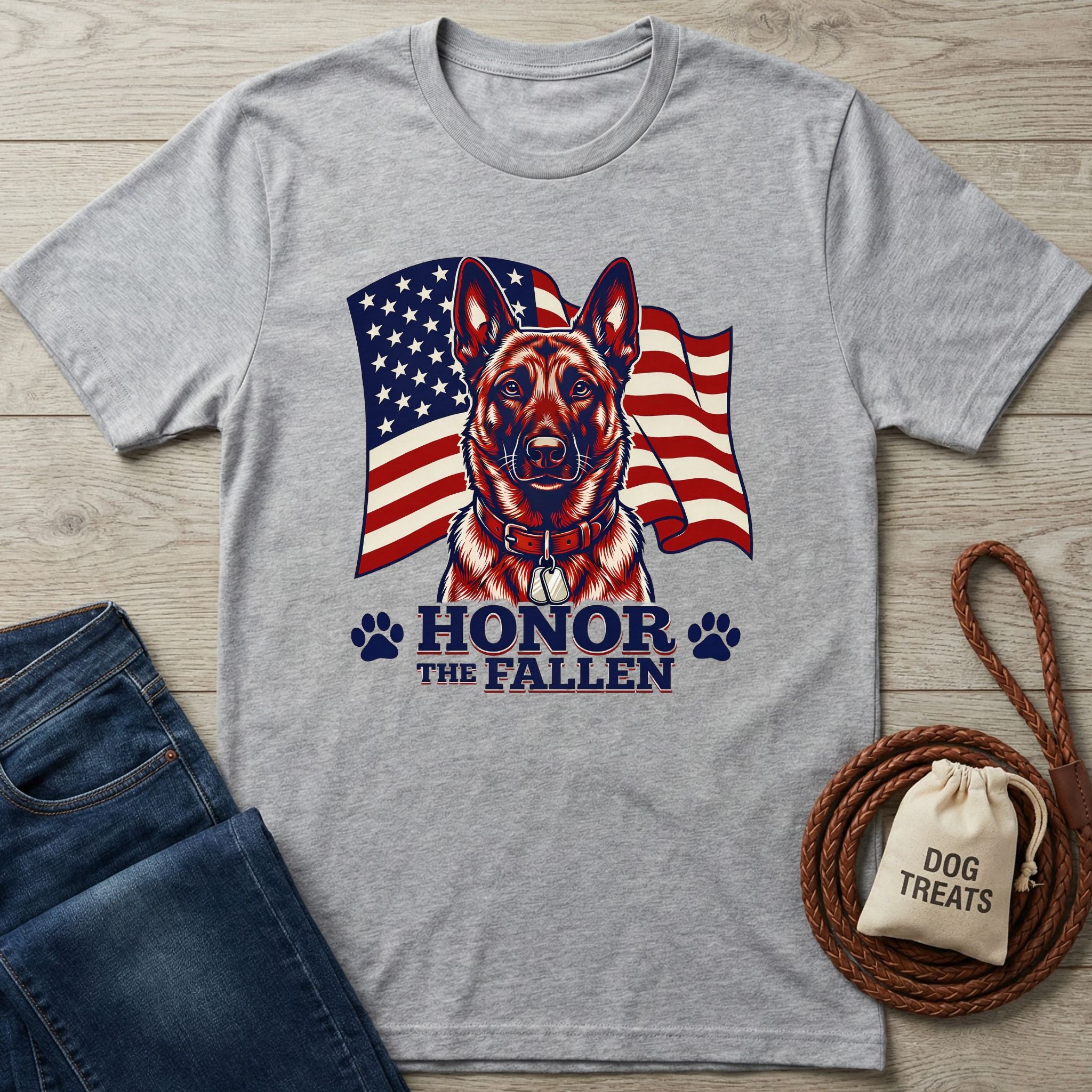 Light grey Gildan Softstyle t-shirt with a German Shepherd and American flag graphic, "Honor The Fallen" text.