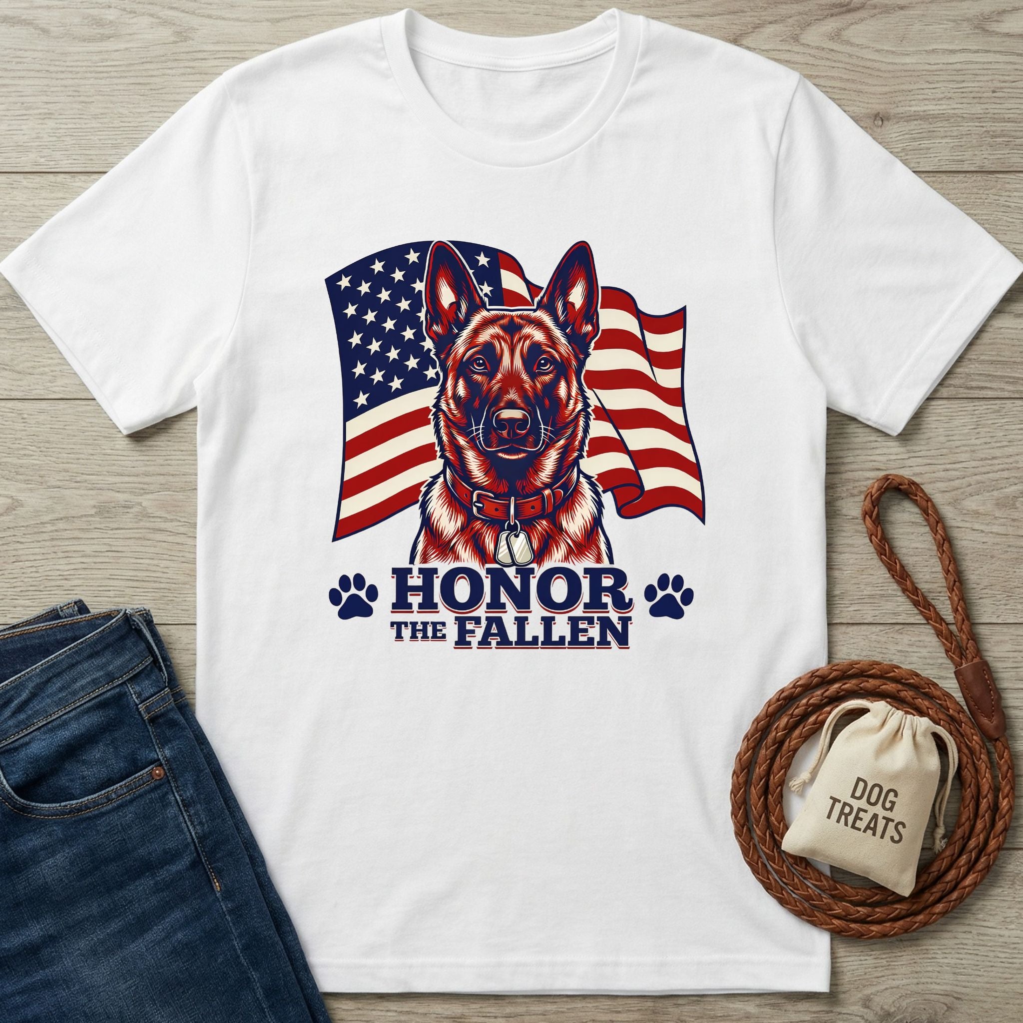 White Gildan Softstyle® t-shirt with a German Shepherd and American flag design, "Honor The Fallen" text.