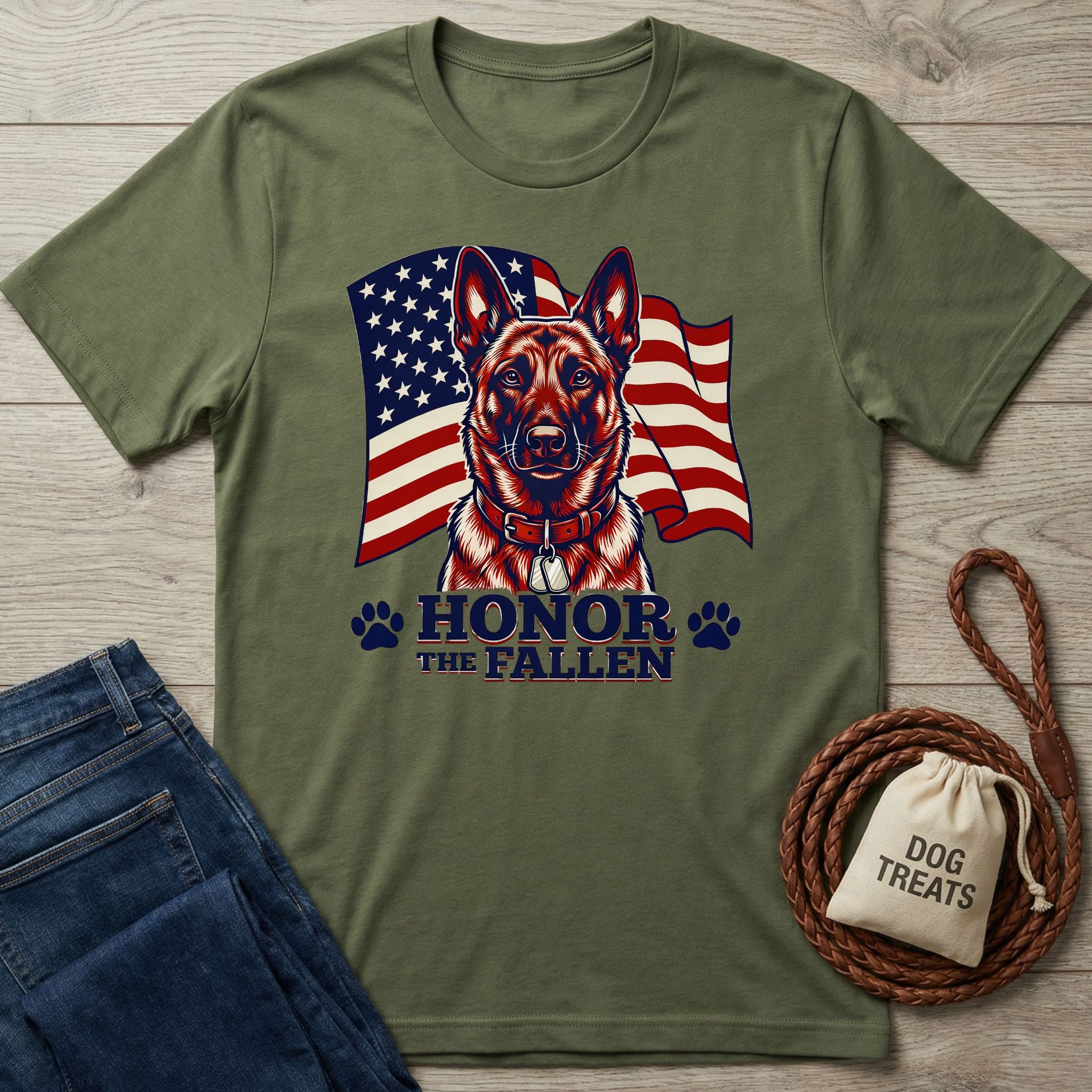 Olive green Honor The Fallen T-shirt with a German Shepherd and American flag design, next to jeans and dog treats.