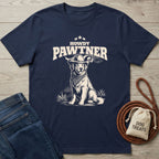 Navy blue crewneck t-shirt featuring a white graphic of a dog wearing a cowboy hat with the text Howdy Pawtner.