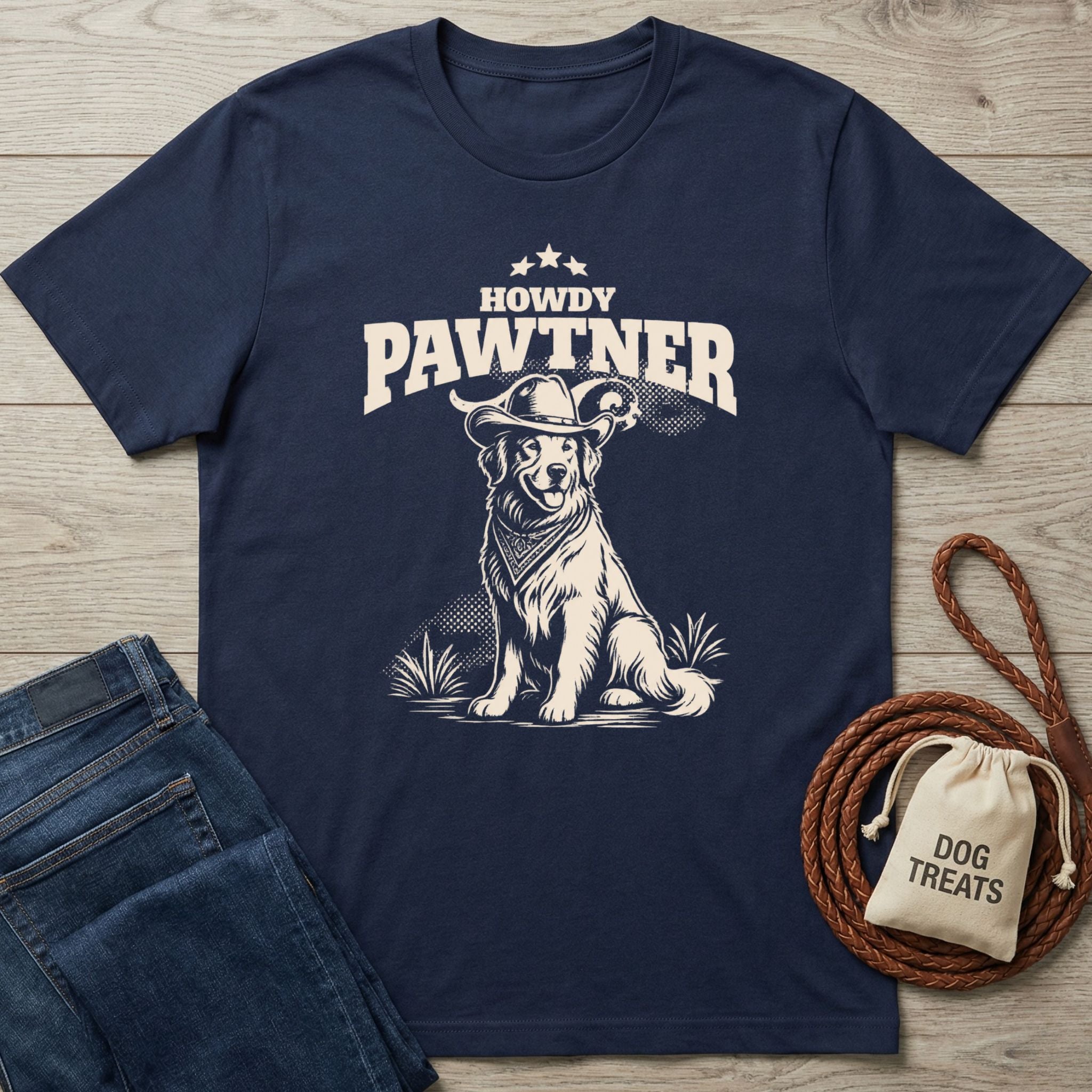 Navy blue crewneck t-shirt featuring a white graphic of a dog wearing a cowboy hat with the text Howdy Pawtner.
