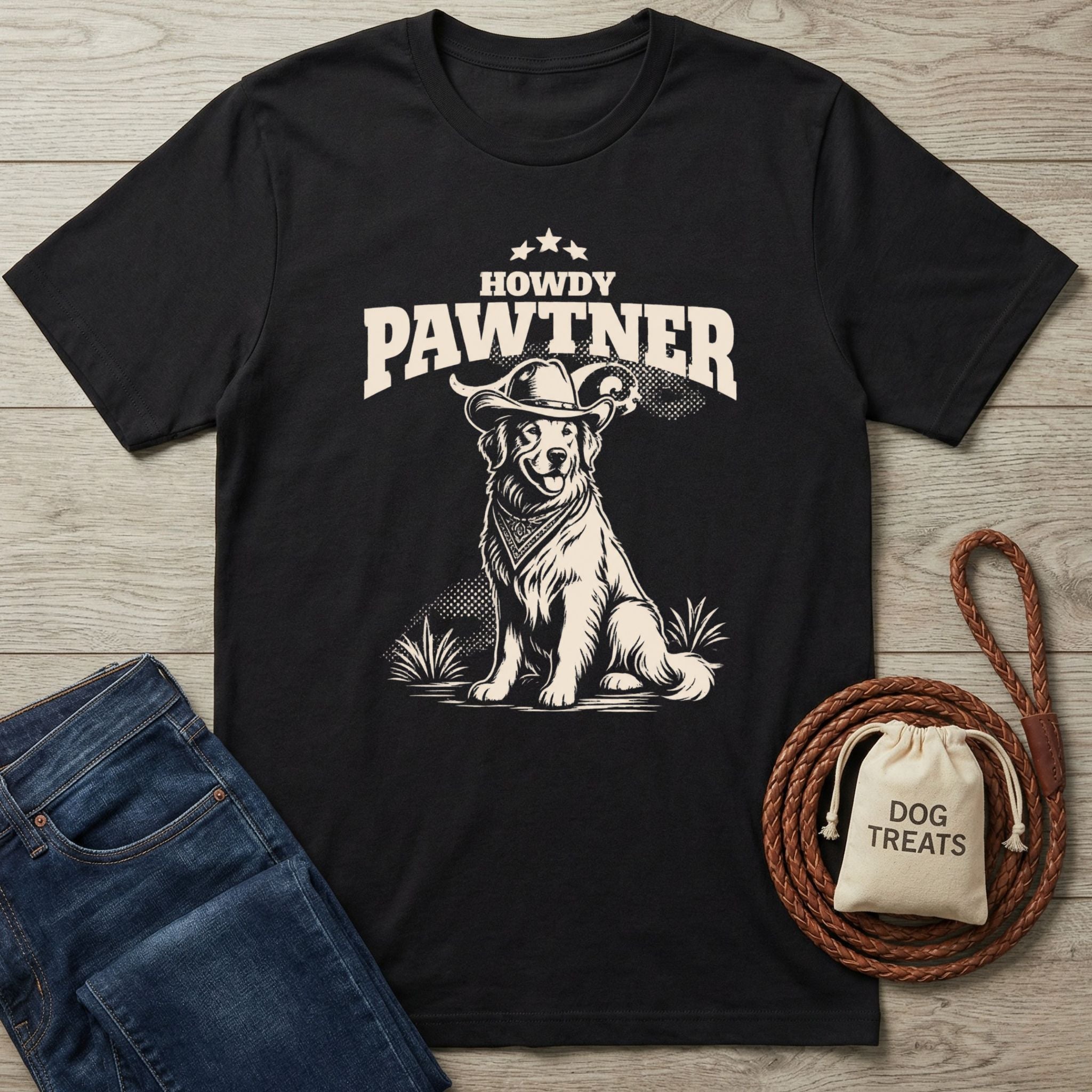 Black cotton crewneck t-shirt featuring a graphic of a dog in a cowboy hat with the text Howdy Pawtner.