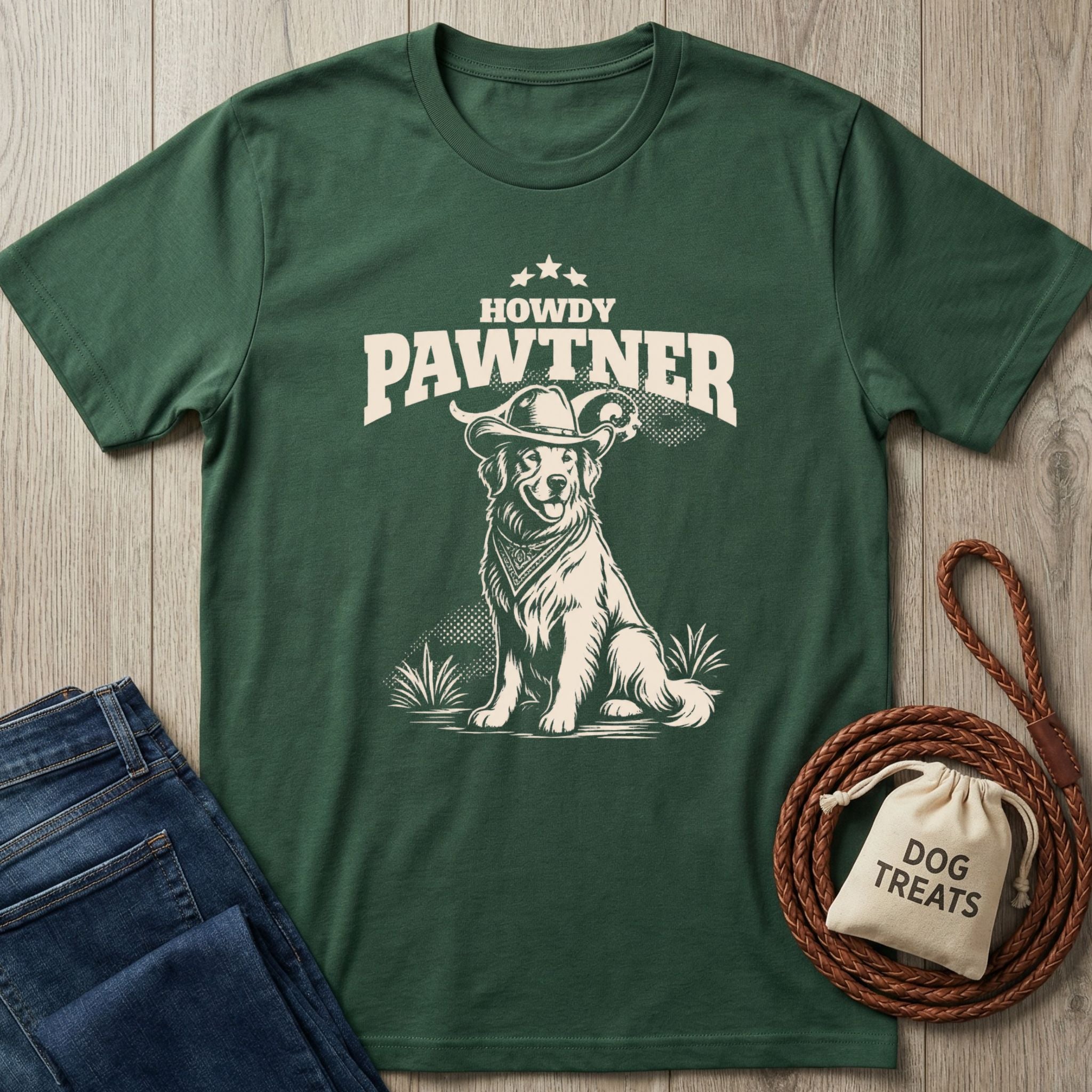 Forest green crewneck t-shirt featuring a graphic of a dog wearing a cowboy hat with the text Howdy Pawtner.