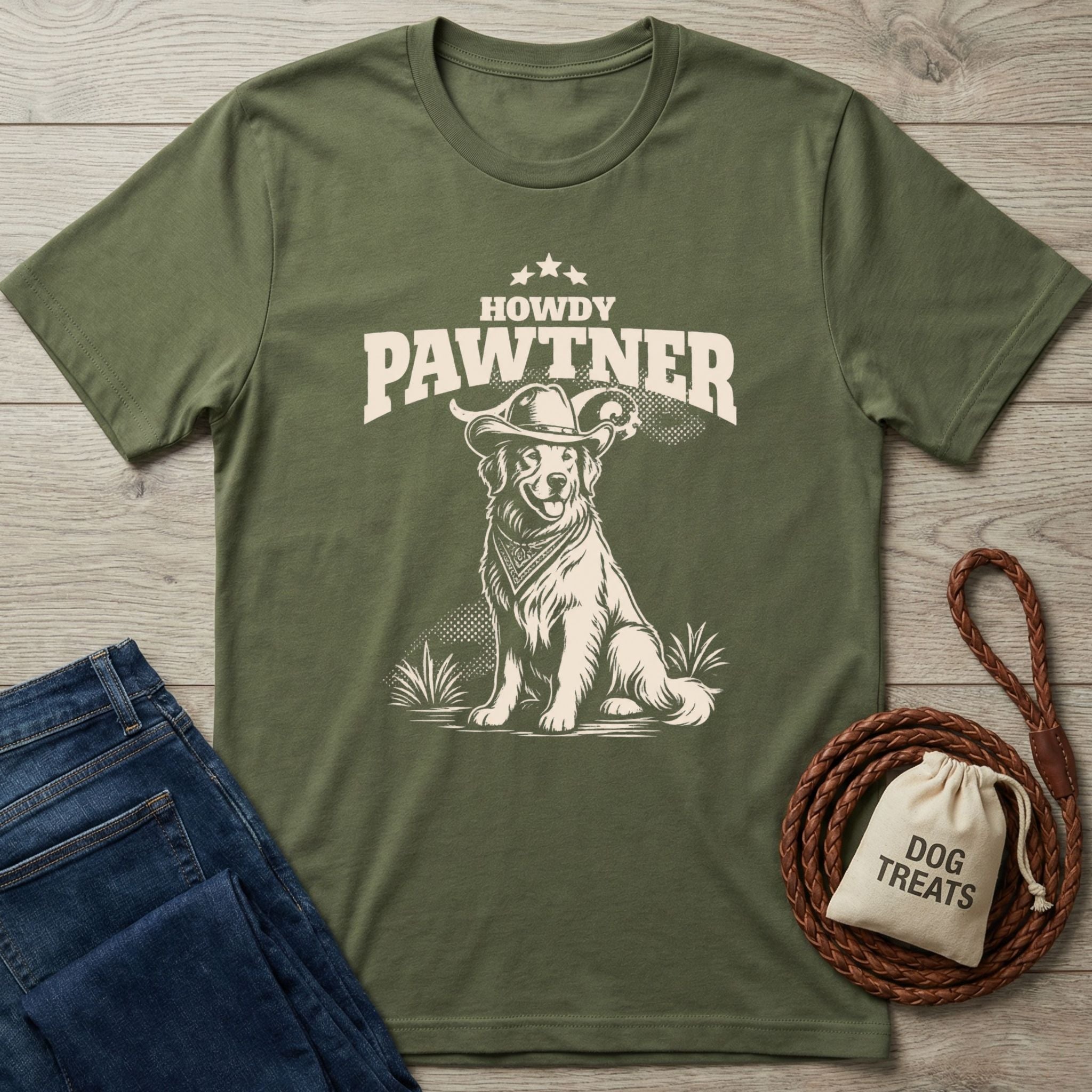 Olive green crewneck t-shirt featuring a graphic of a dog wearing a cowboy hat and the text Howdy Pawtner.
