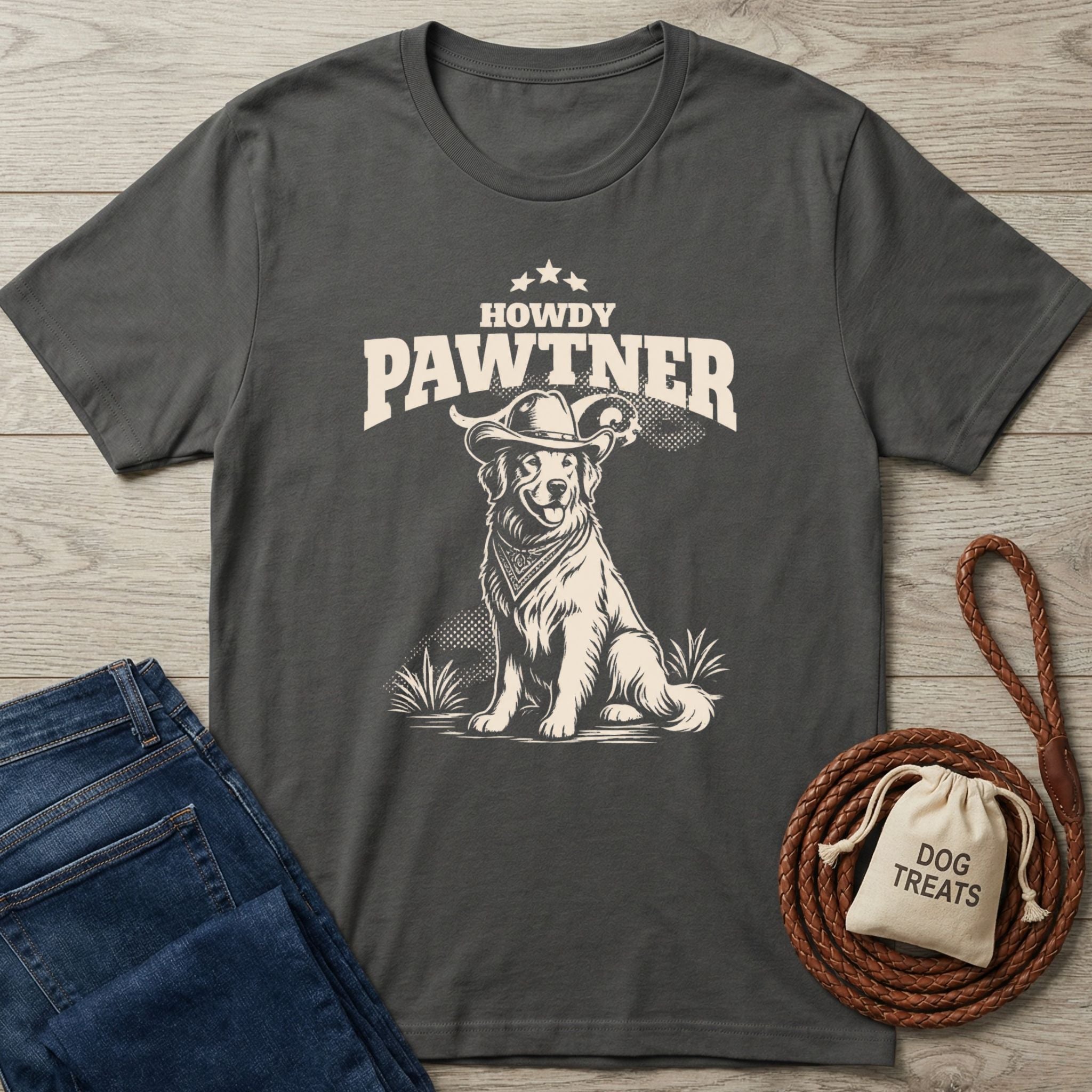 Charcoal grey cotton t-shirt featuring a western-style graphic of a dog wearing a cowboy hat and bandana with Howdy Pawtner text.