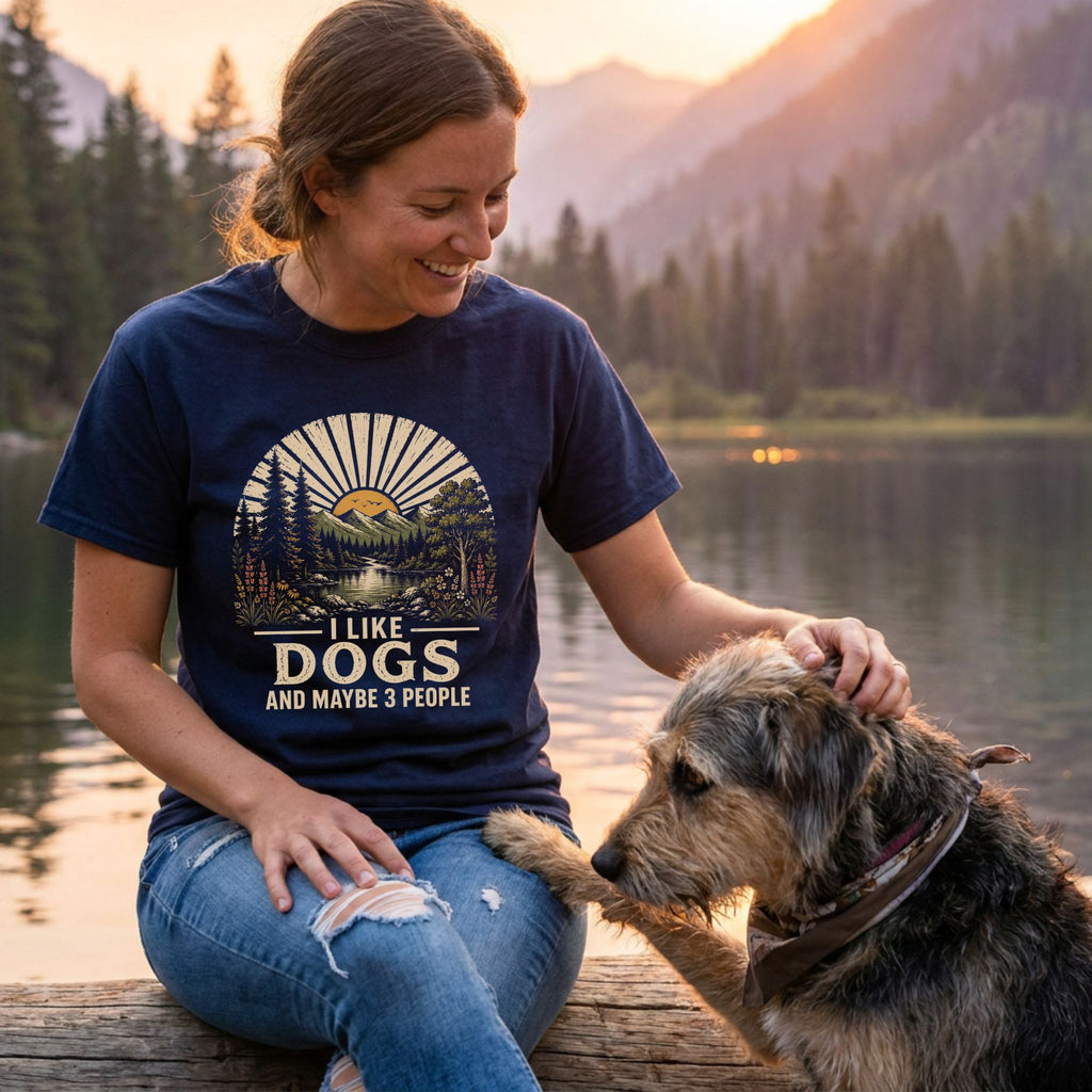 Woman in a navy "I Like Dogs" t-shirt petting a dog by a lake at sunset.