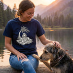 Woman wearing a navy blue cotton t-shirt featuring a graphic of a dog relaxing under a palm tree by a lake.