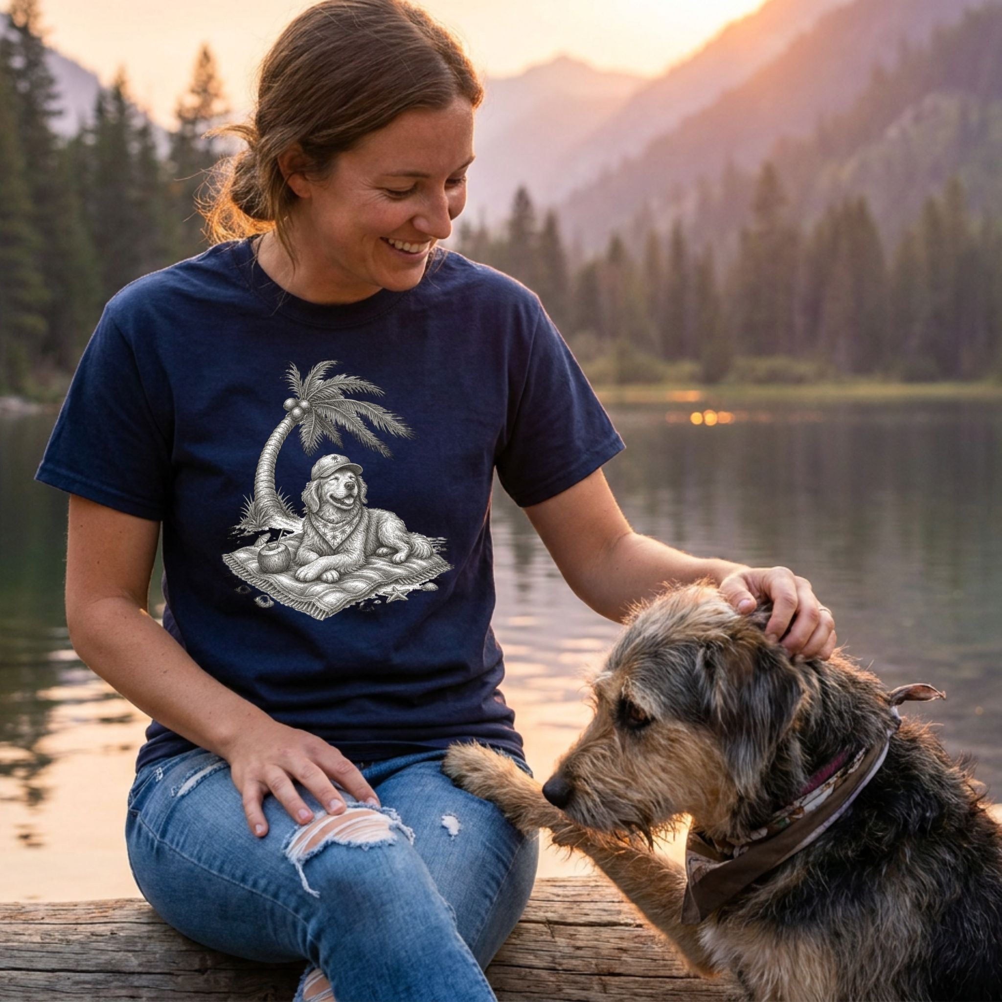 Woman wearing a navy blue cotton t-shirt featuring a graphic of a dog relaxing under a palm tree by a lake.