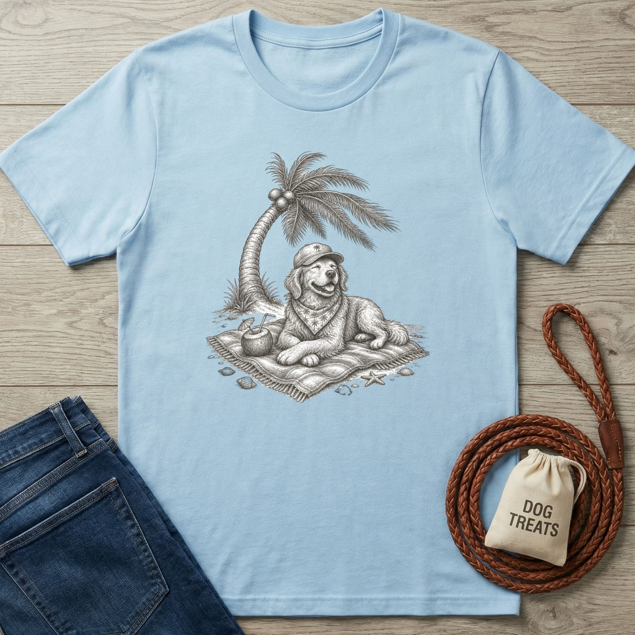 Light blue cotton t-shirt featuring a sketch of a dog in a hat relaxing on a beach towel under a palm tree.